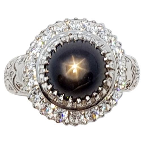 Black Star Sapphire with Cubic Zirconia Ring set in Silver Settings For Sale