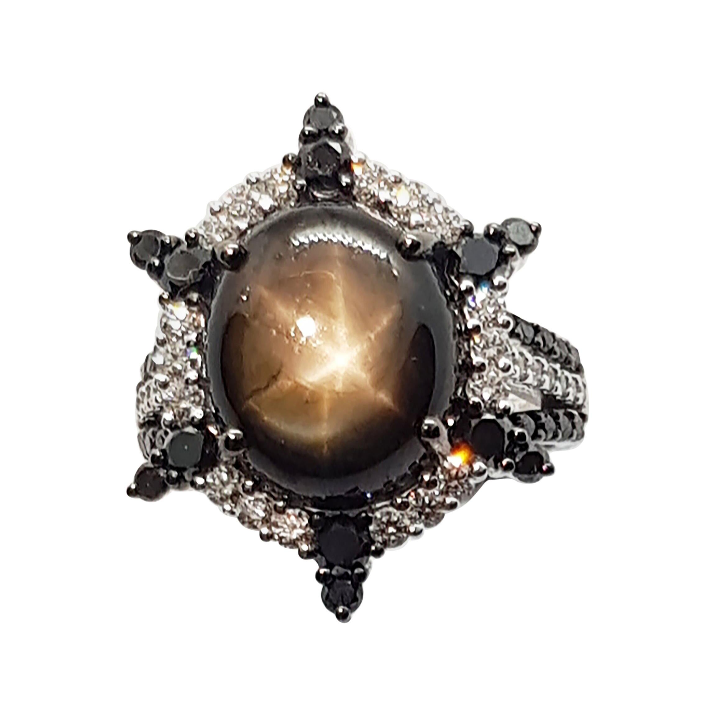 Black Star Sapphire with Diamond and Black Diamond Ring in 18 Karat White Gold For Sale