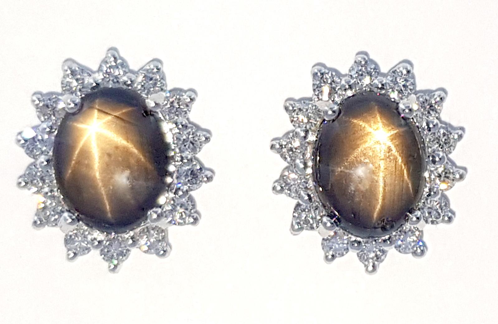 Contemporary Black Star Sapphire with Diamond Earrings set in 14K White Gold Settings For Sale