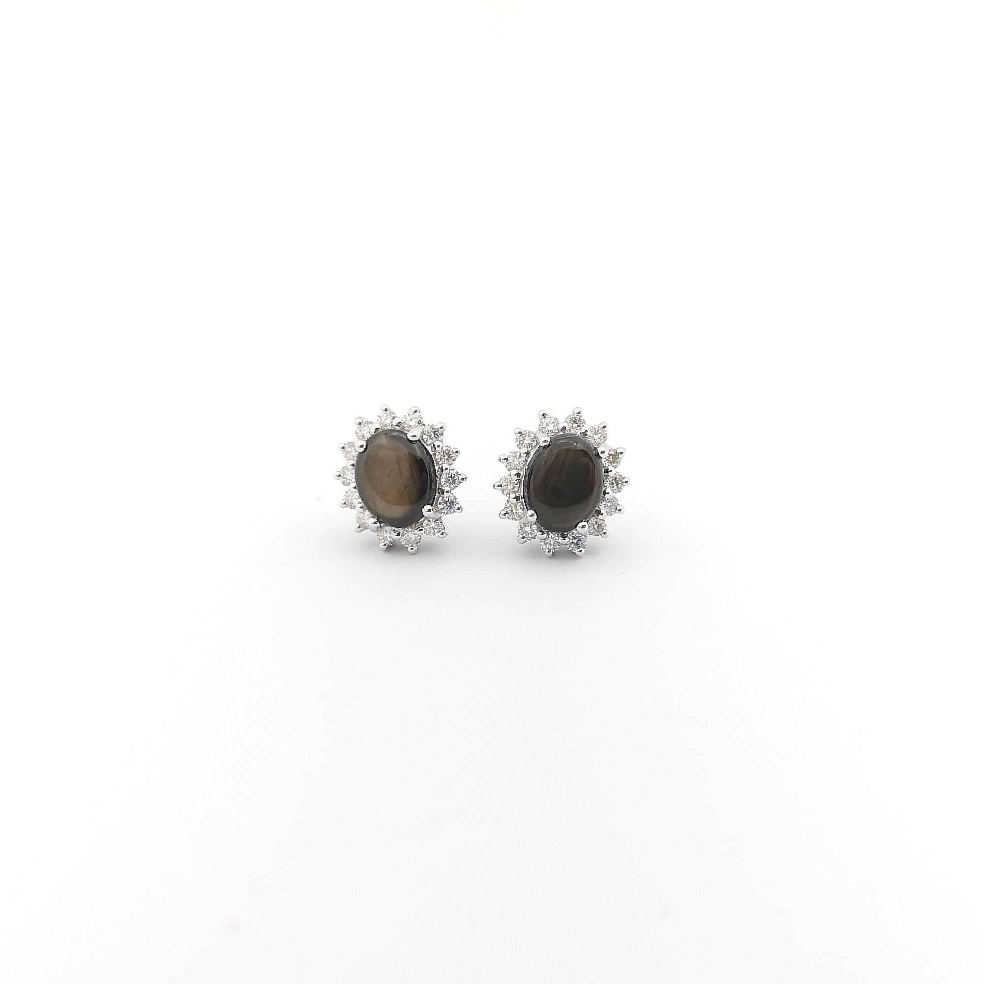 Black Star Sapphire with Diamond Earrings set in 14K White Gold Settings For Sale 1