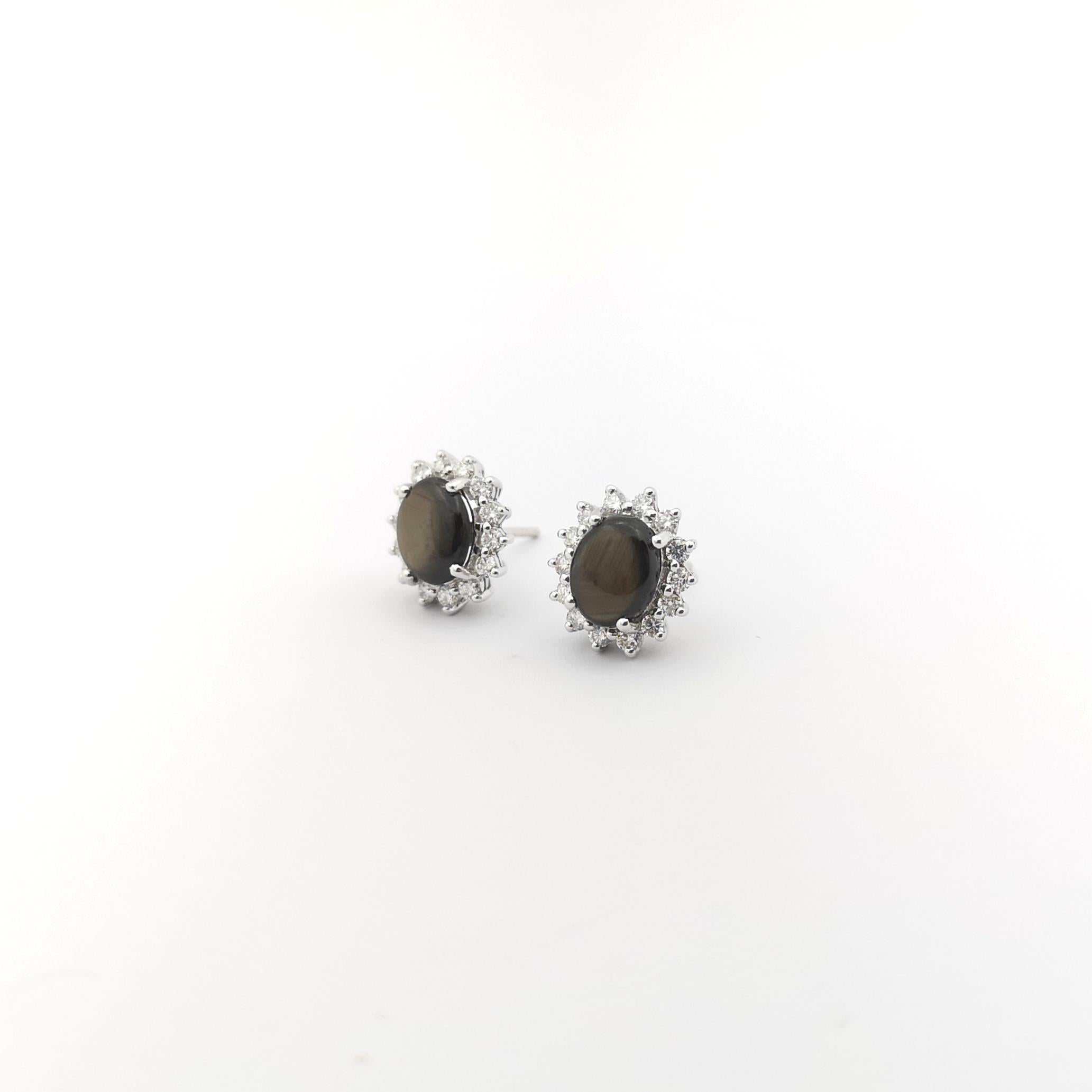 Black Star Sapphire with Diamond Earrings set in 14K White Gold Settings For Sale 2