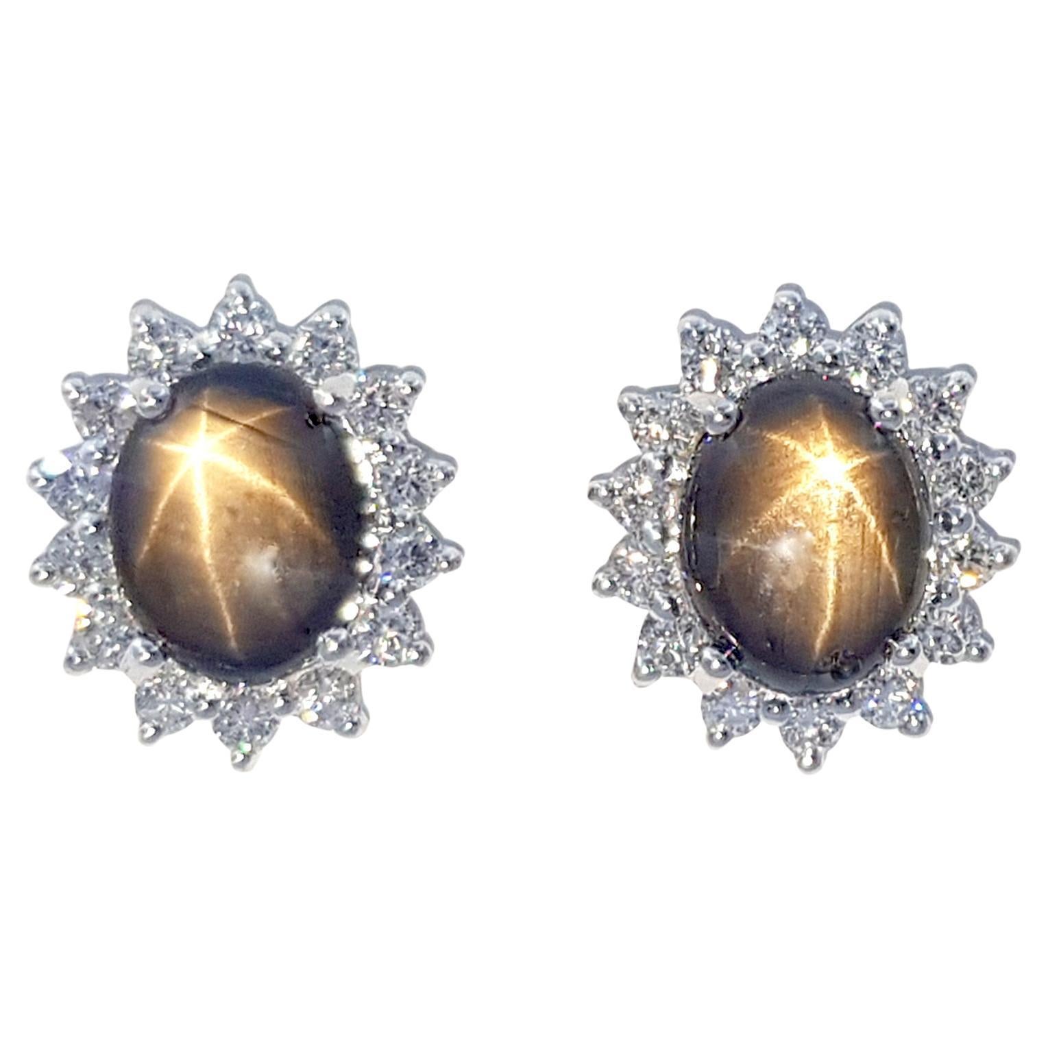 Black Star Sapphire with Diamond Earrings set in 14K White Gold Settings For Sale