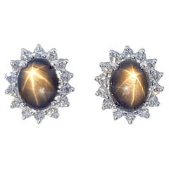 Black Star Sapphire with Diamond Earrings set in 14K White Gold Settings