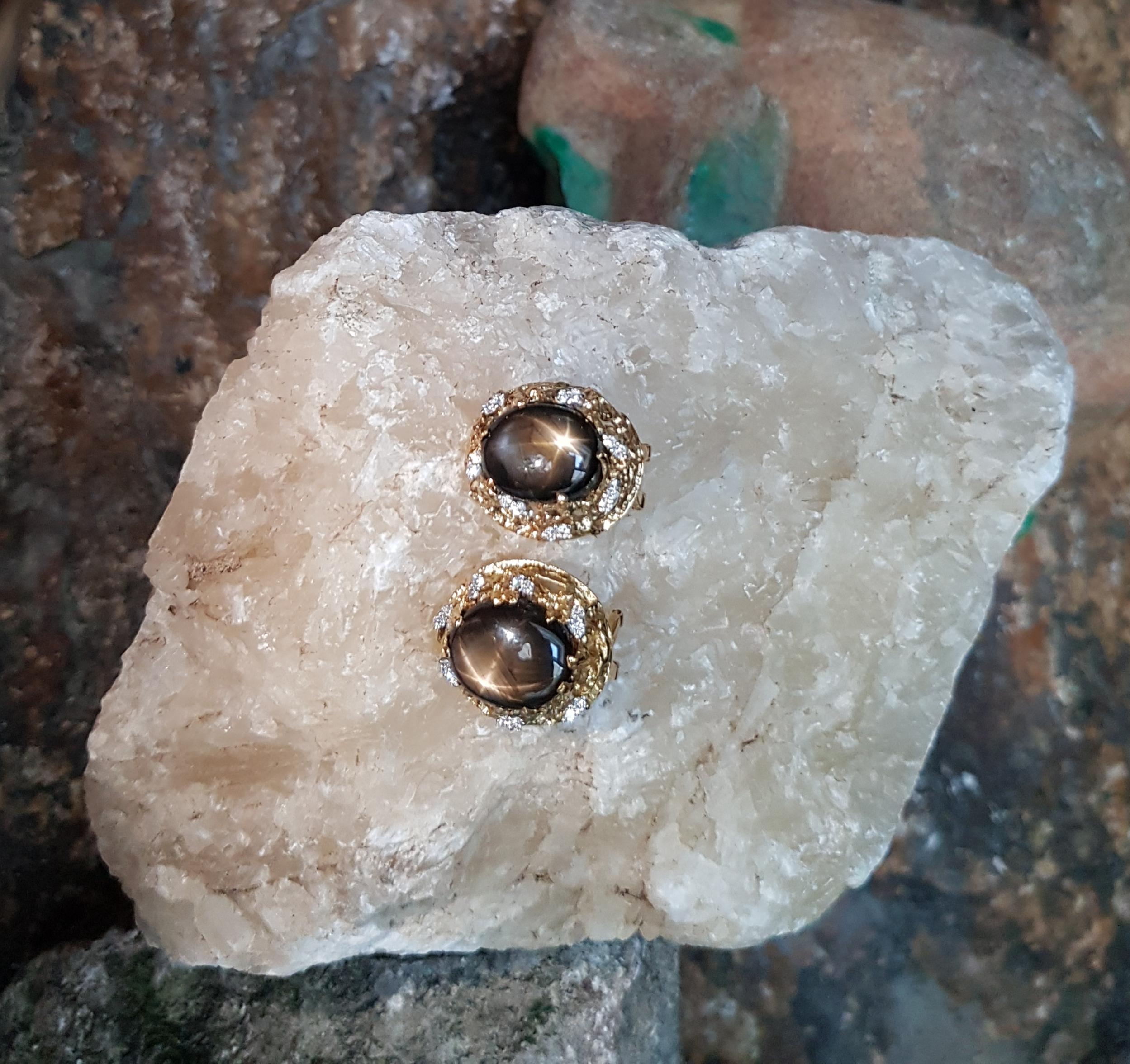 Cabochon Black Star Sapphire with Diamond  Earrings set in 18 Karat Gold Settings For Sale