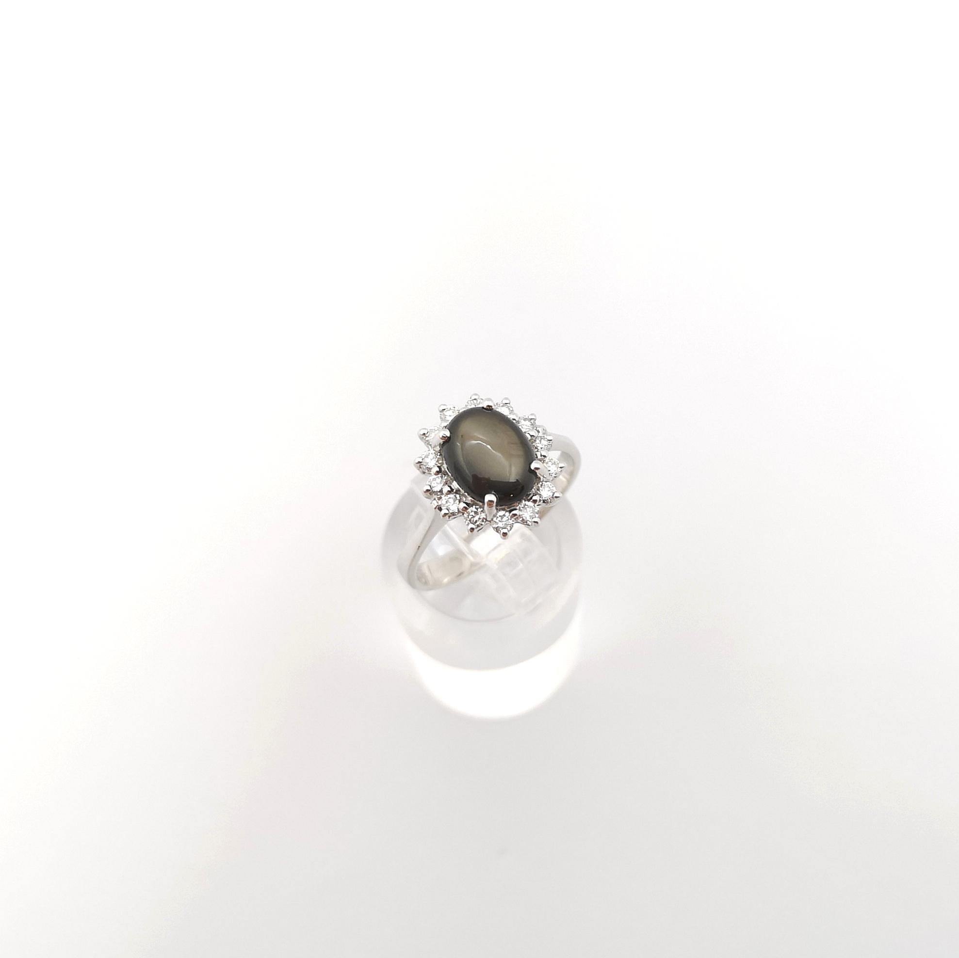 Black Star Sapphire with Diamond Ring set in 14K White Gold Settings For Sale 5