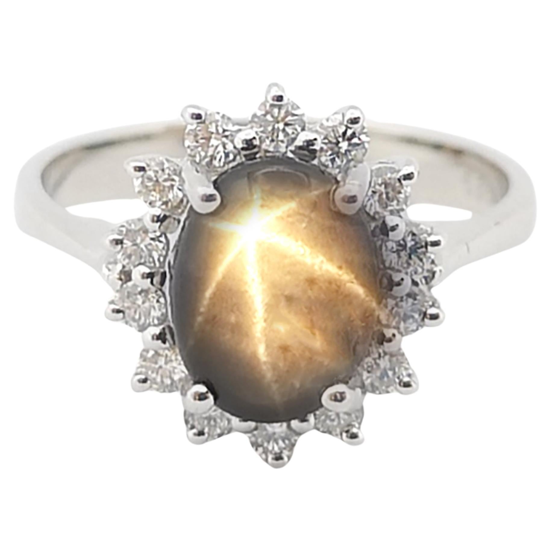 Black Star Sapphire with Diamond Ring set in 14K White Gold Settings For Sale