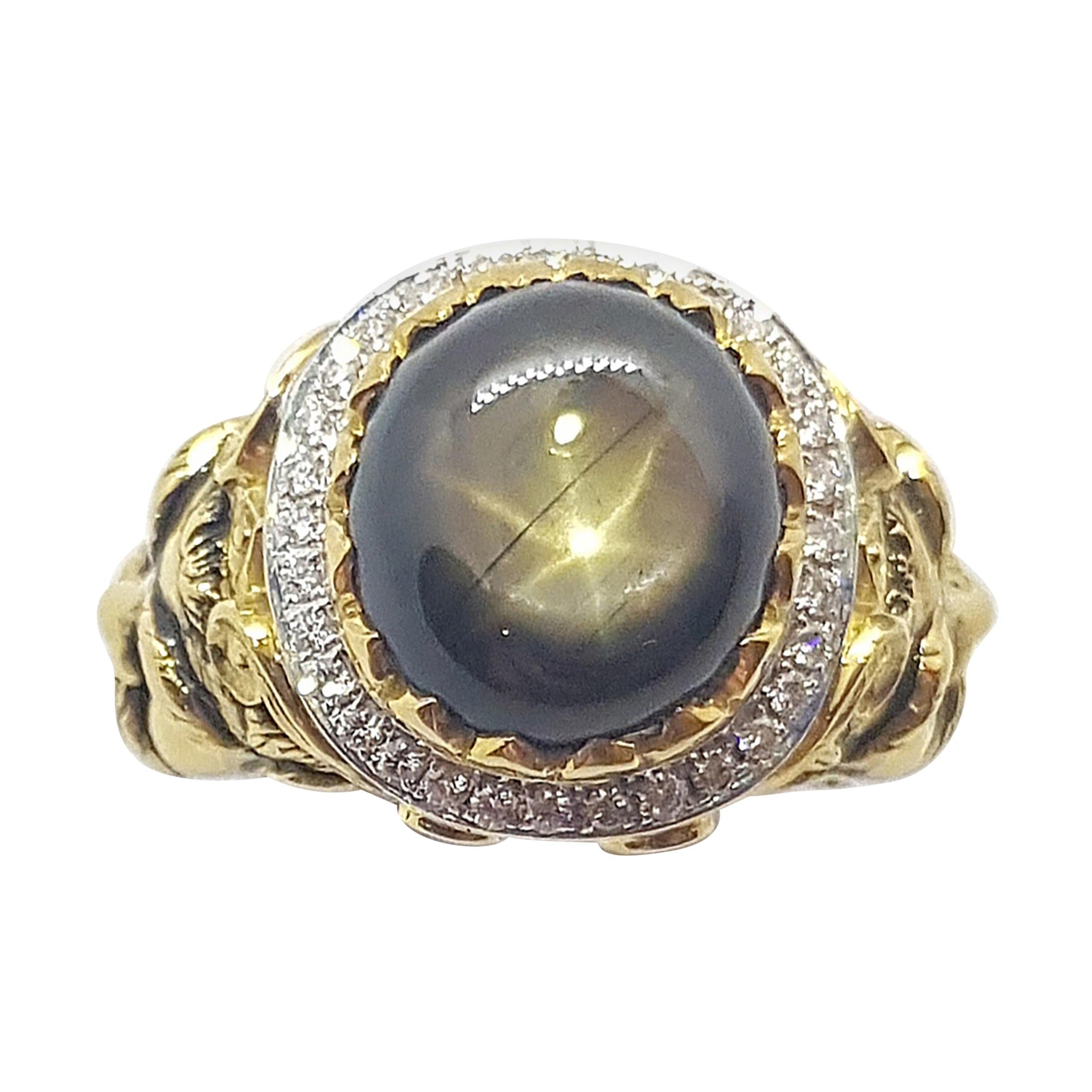 Black Star Sapphire with Diamond Ring Set in 18 Karat Gold Settings For Sale