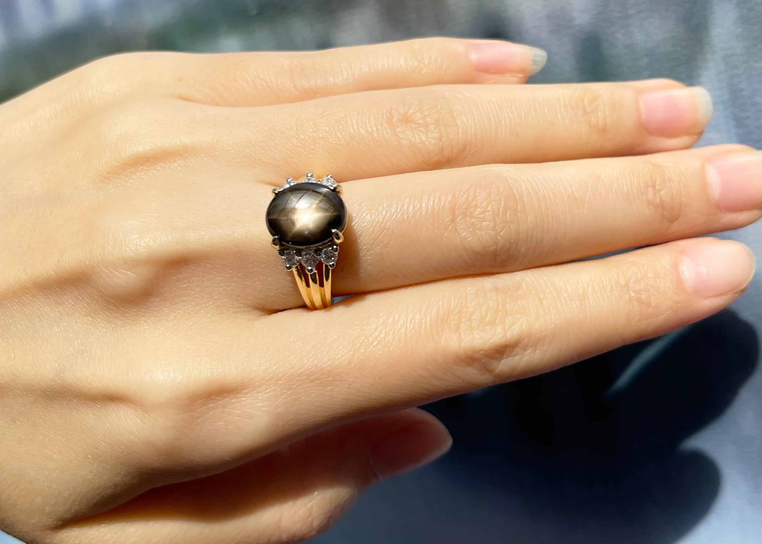 Contemporary Black Star Sapphire with Diamond Ring set in 18K Gold Settings For Sale