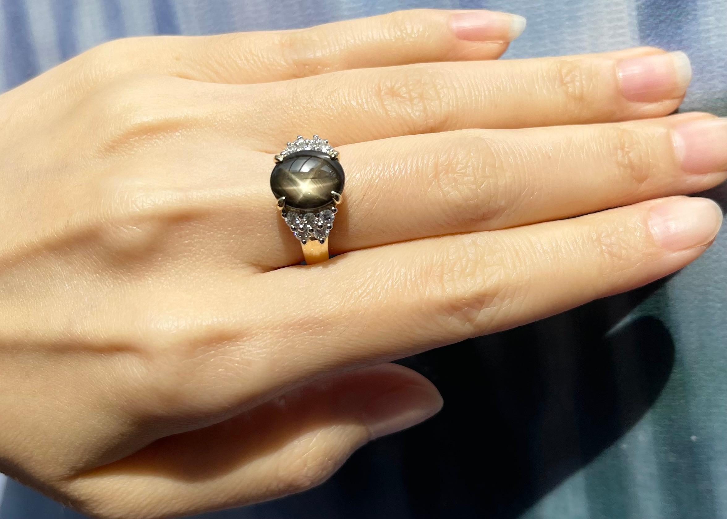 Contemporary Black Star Sapphire with Diamond Ring set in 18K Gold Settings For Sale