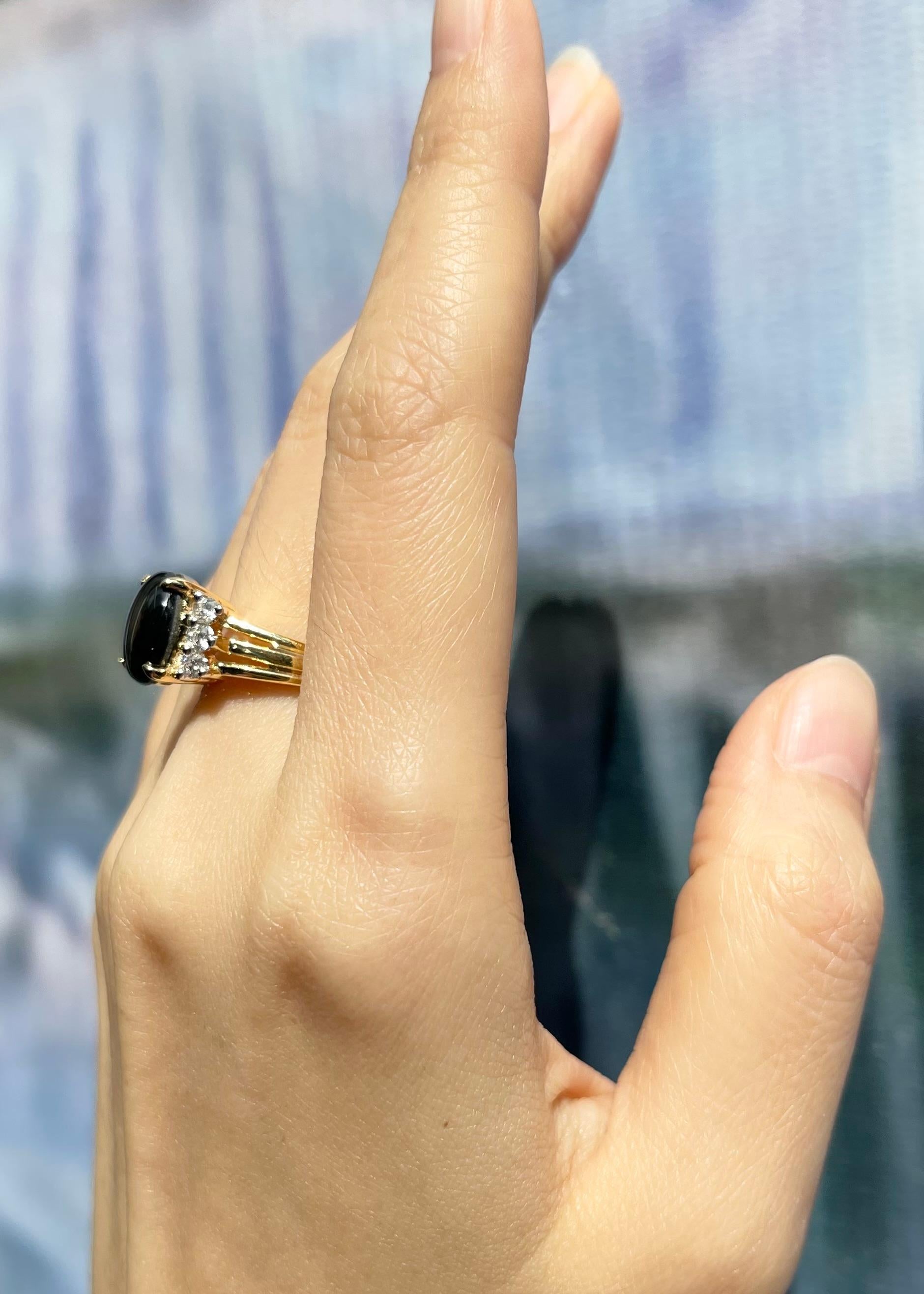 Uncut Black Star Sapphire with Diamond Ring set in 18K Gold Settings For Sale