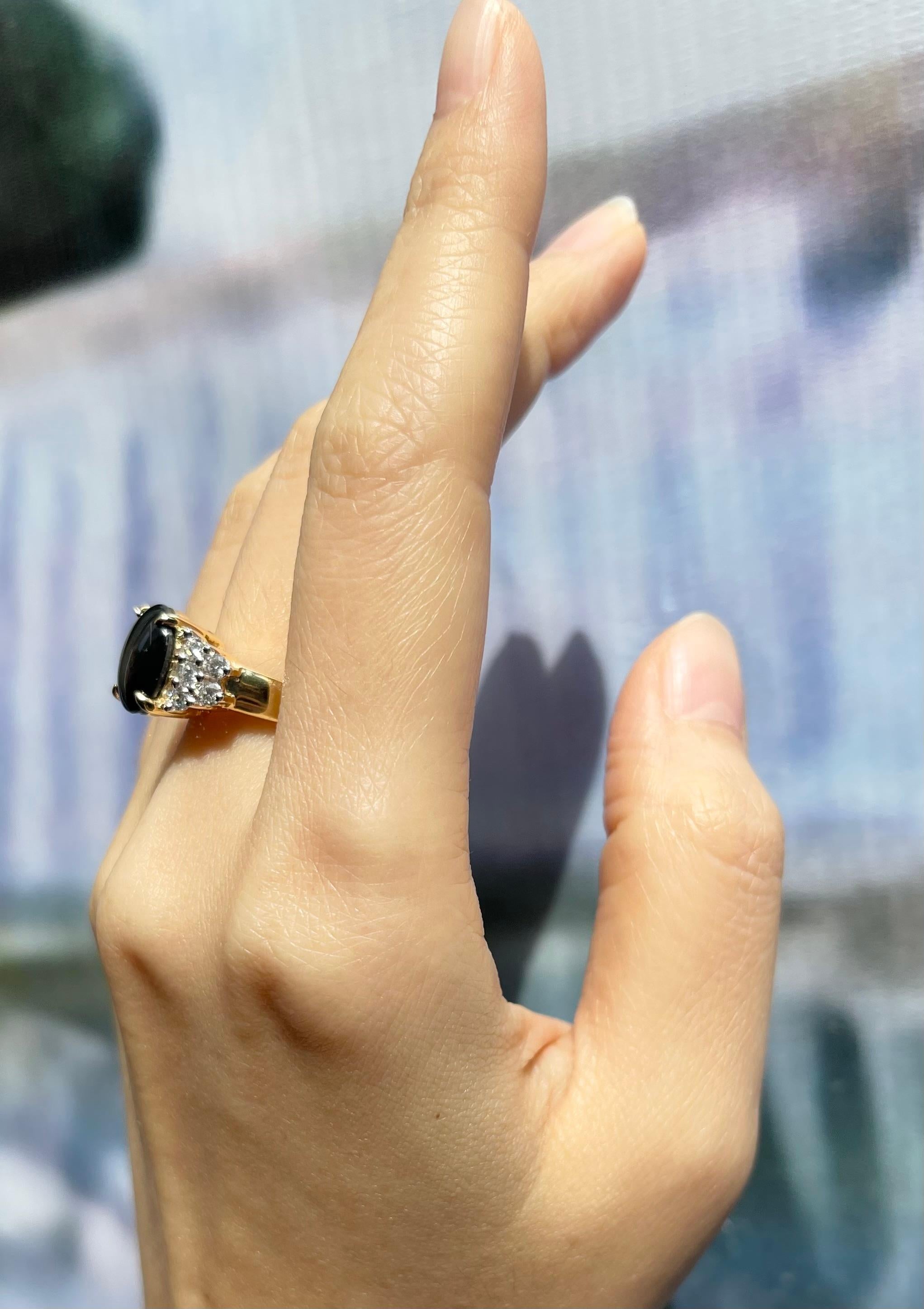Uncut Black Star Sapphire with Diamond Ring set in 18K Gold Settings For Sale
