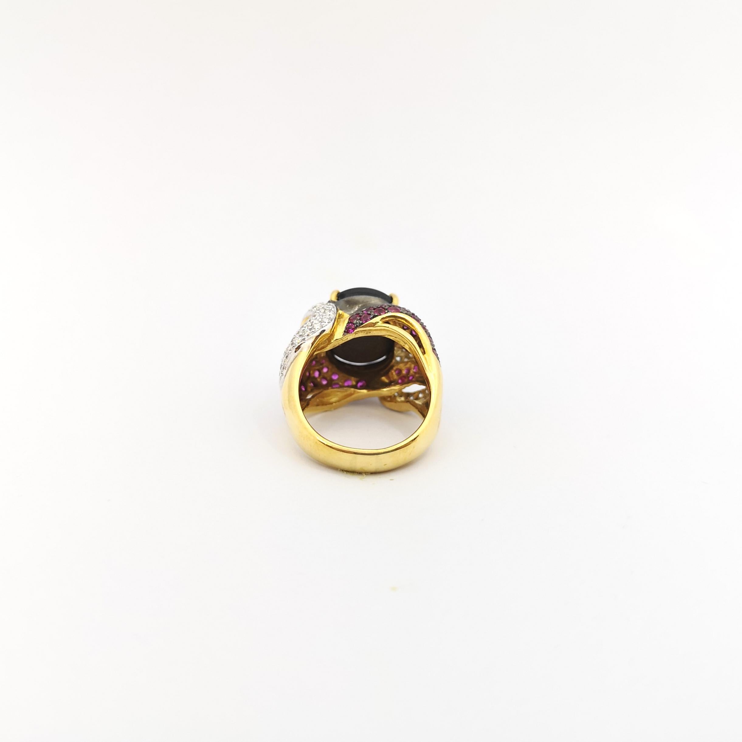 Black Star Sapphire with Pink Sapphire and Diamond Ring set in 18K Gold Settings For Sale 4