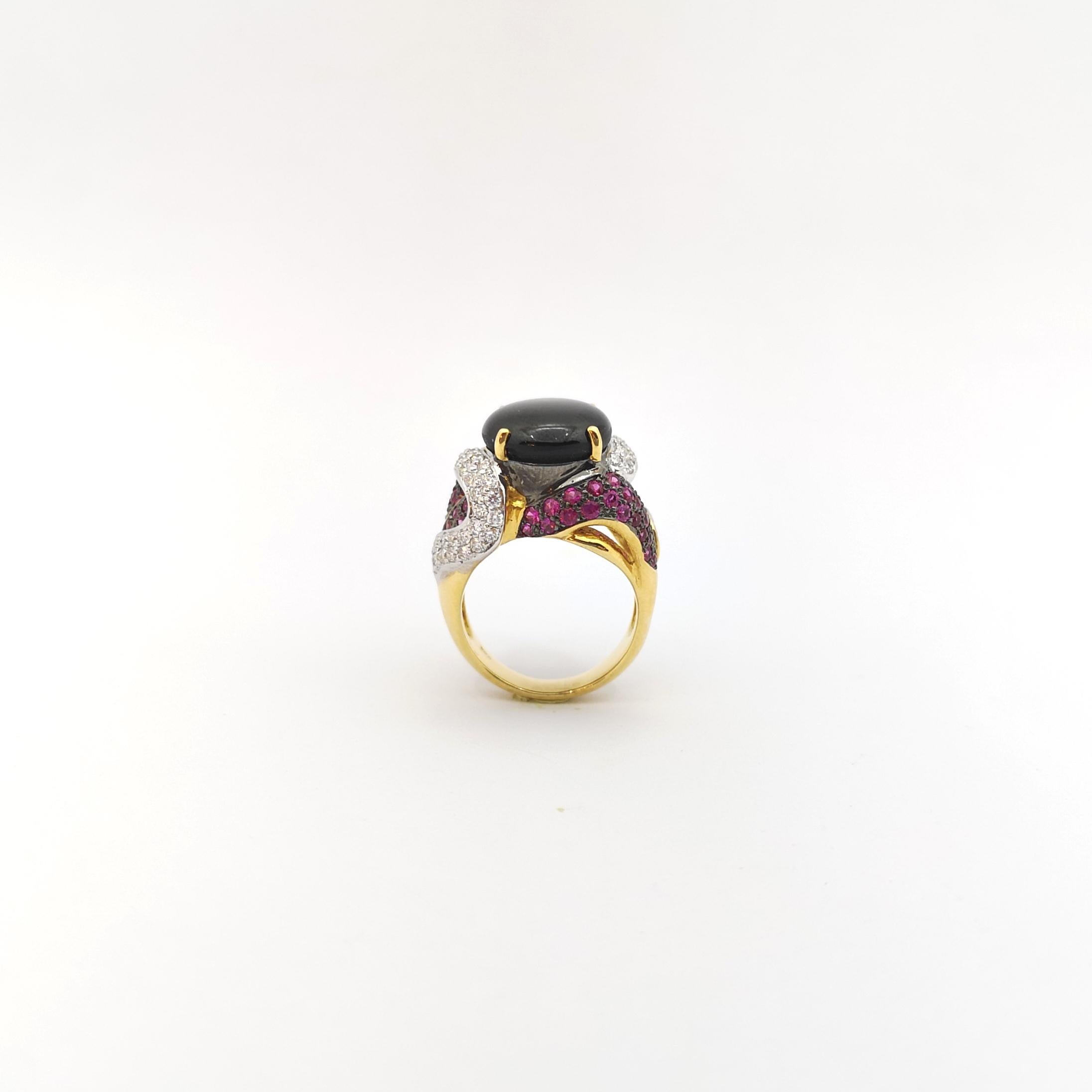 Black Star Sapphire with Pink Sapphire and Diamond Ring set in 18K Gold Settings For Sale 5