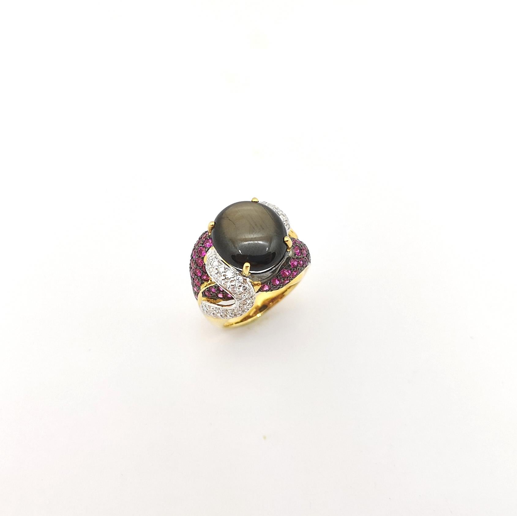 Black Star Sapphire with Pink Sapphire and Diamond Ring set in 18K Gold Settings For Sale 6