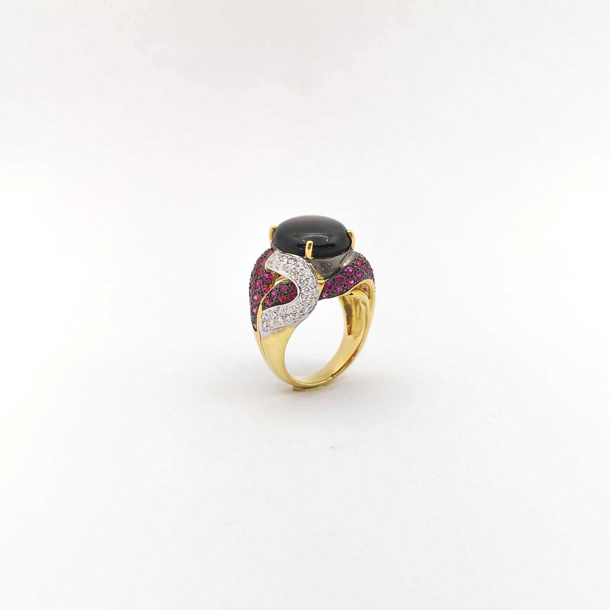 Black Star Sapphire with Pink Sapphire and Diamond Ring set in 18K Gold Settings For Sale 7