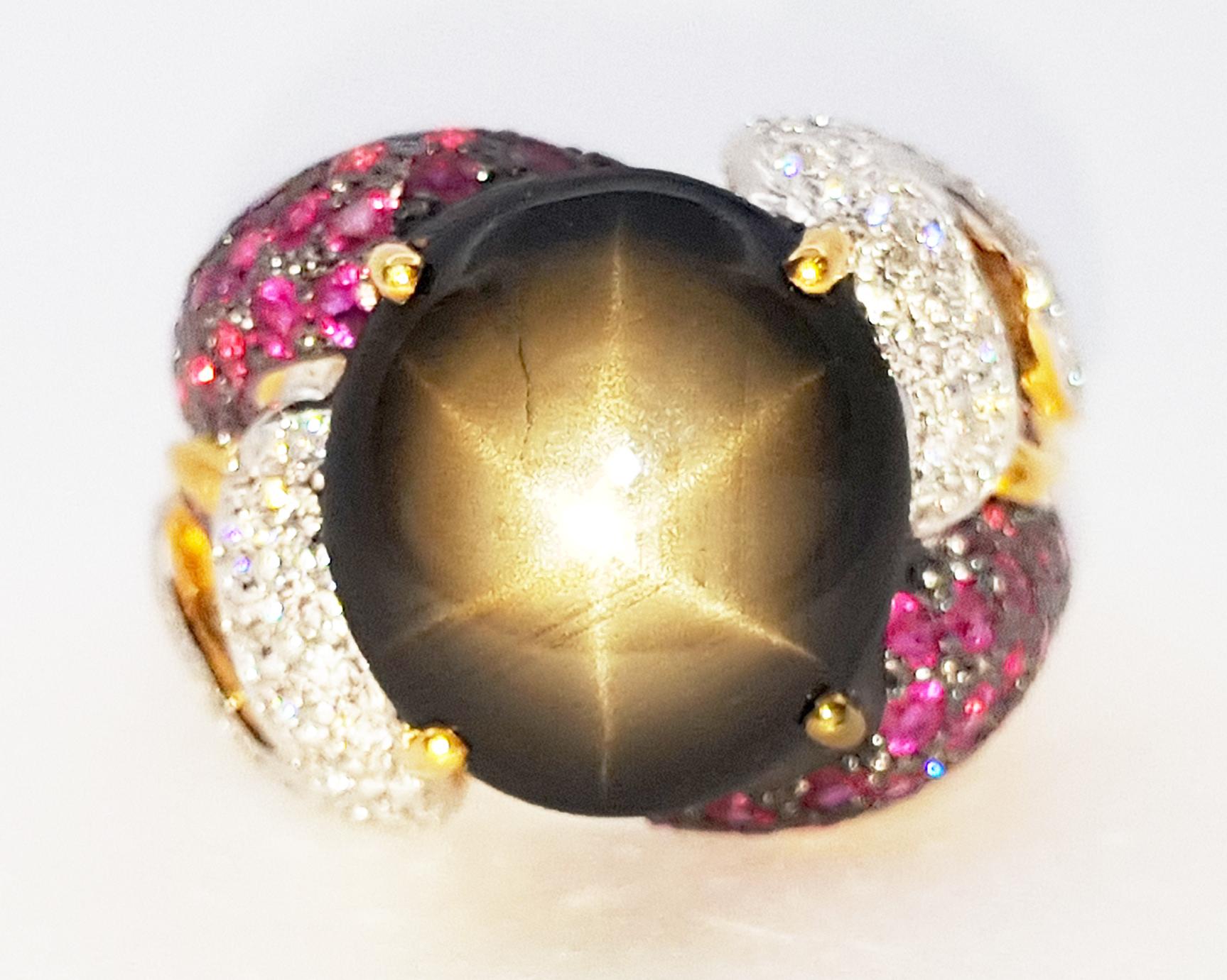Black Star Sapphire with Pink Sapphire and Diamond Ring set in 18K Gold Settings For Sale 9