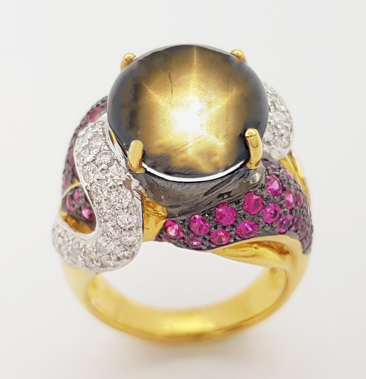 Black Star Sapphire with Pink Sapphire and Diamond Ring set in 18K Gold Settings For Sale 10