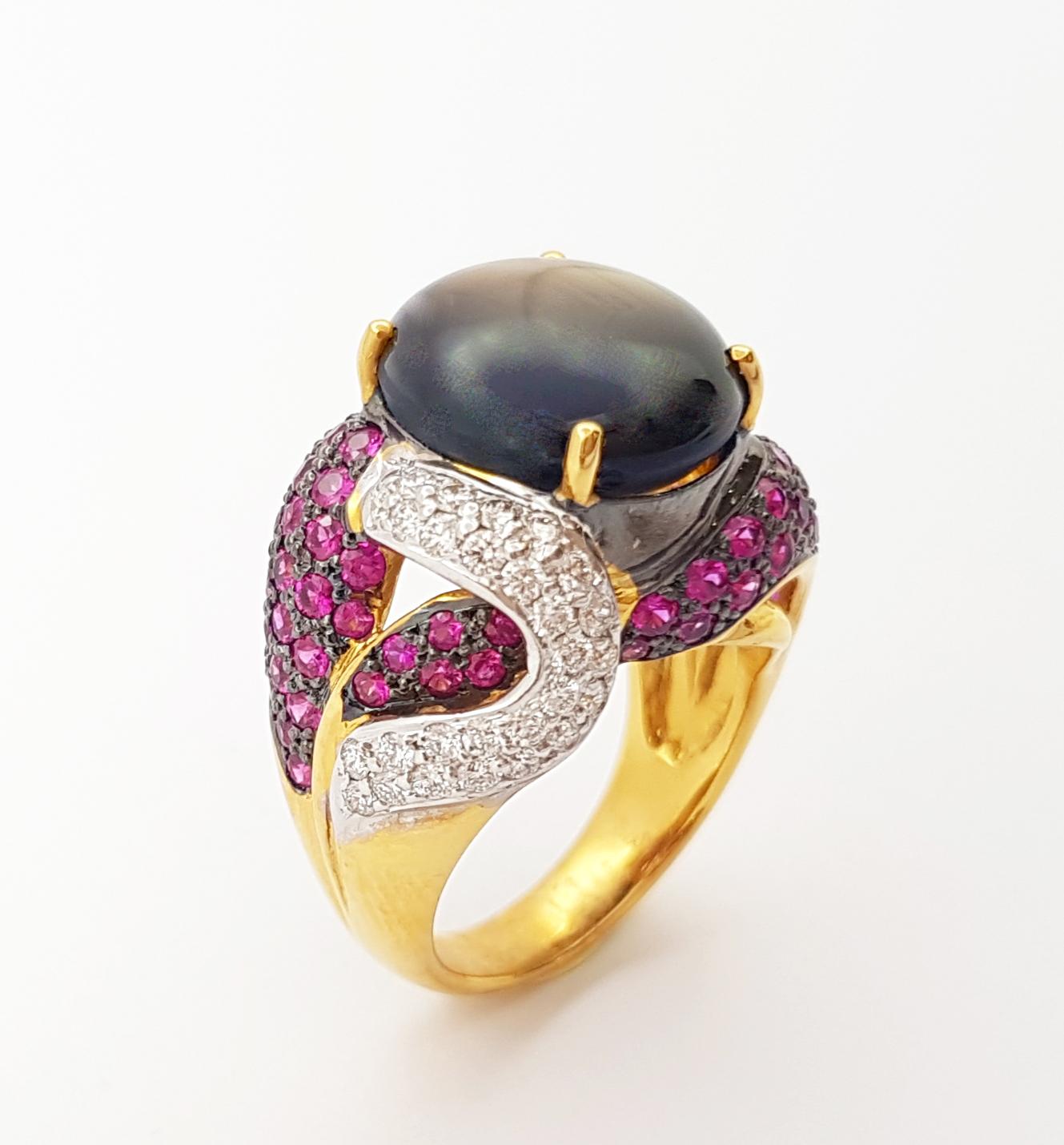 Black Star Sapphire with Pink Sapphire and Diamond Ring set in 18K Gold Settings For Sale 11