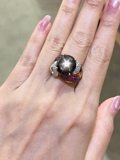 Black Star Sapphire with Pink Sapphire and Diamond Ring set in 18K Gold Settings