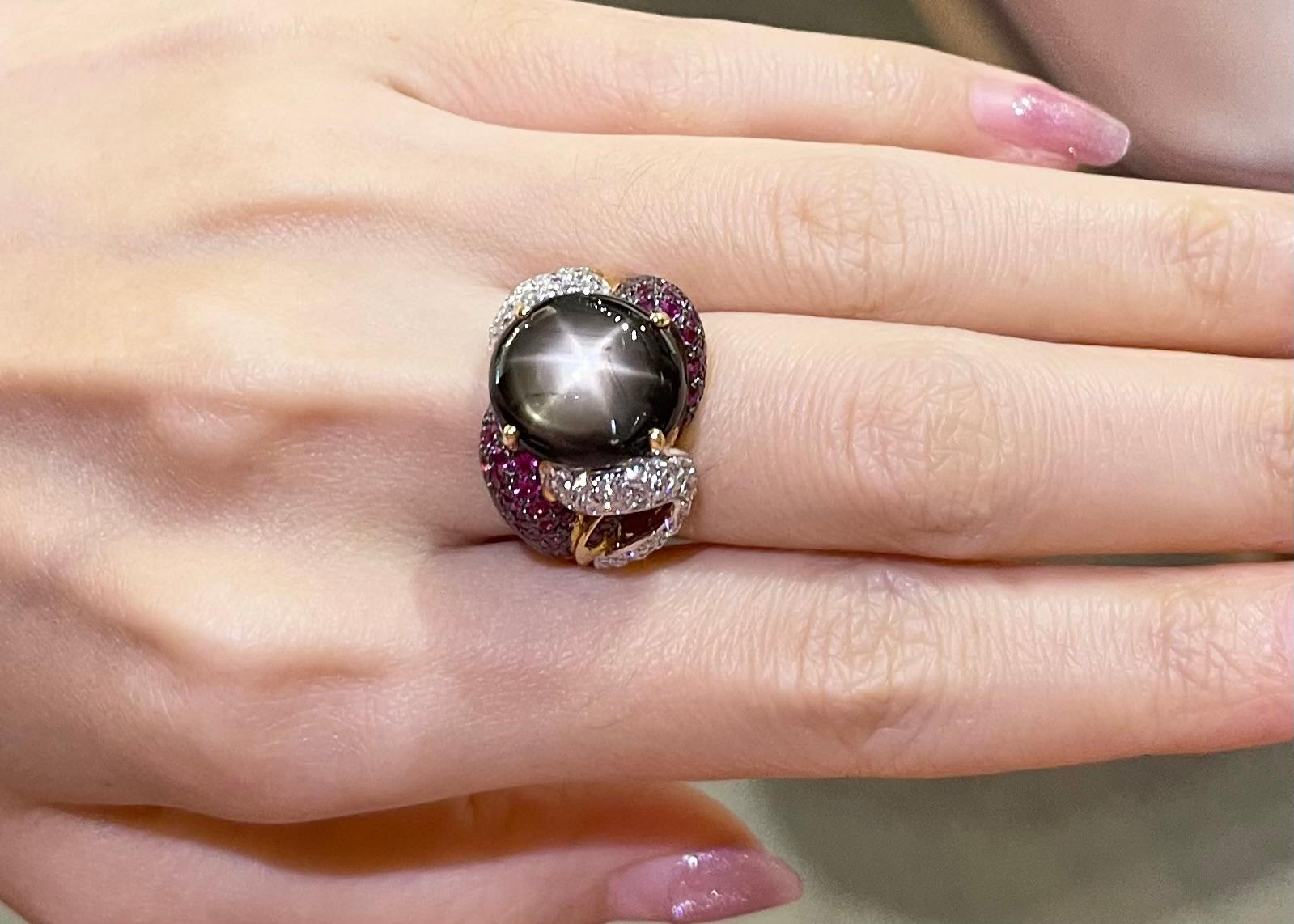 Contemporary Black Star Sapphire with Pink Sapphire and Diamond Ring set in 18K Gold Settings For Sale