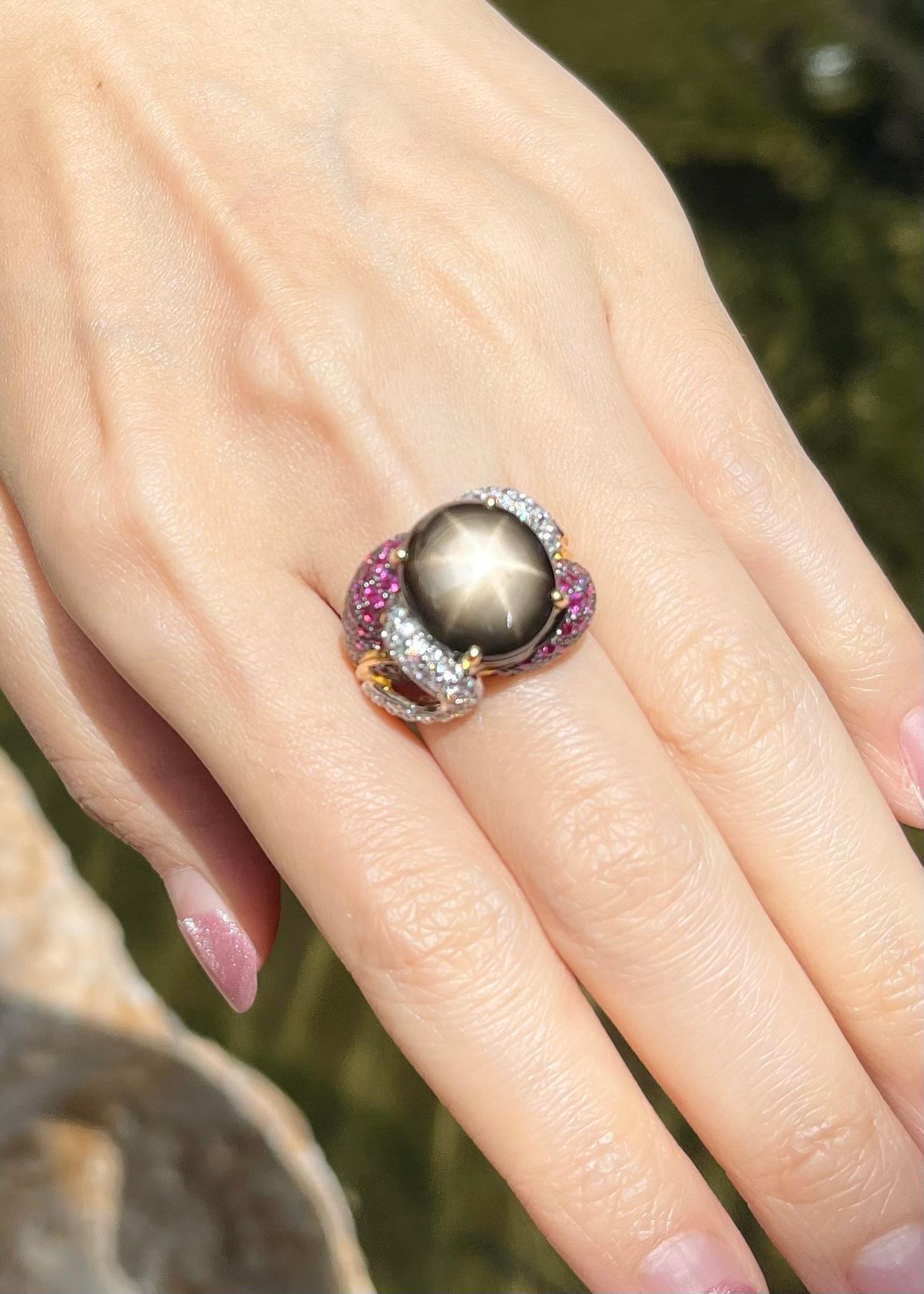 Uncut Black Star Sapphire with Pink Sapphire and Diamond Ring set in 18K Gold Settings For Sale