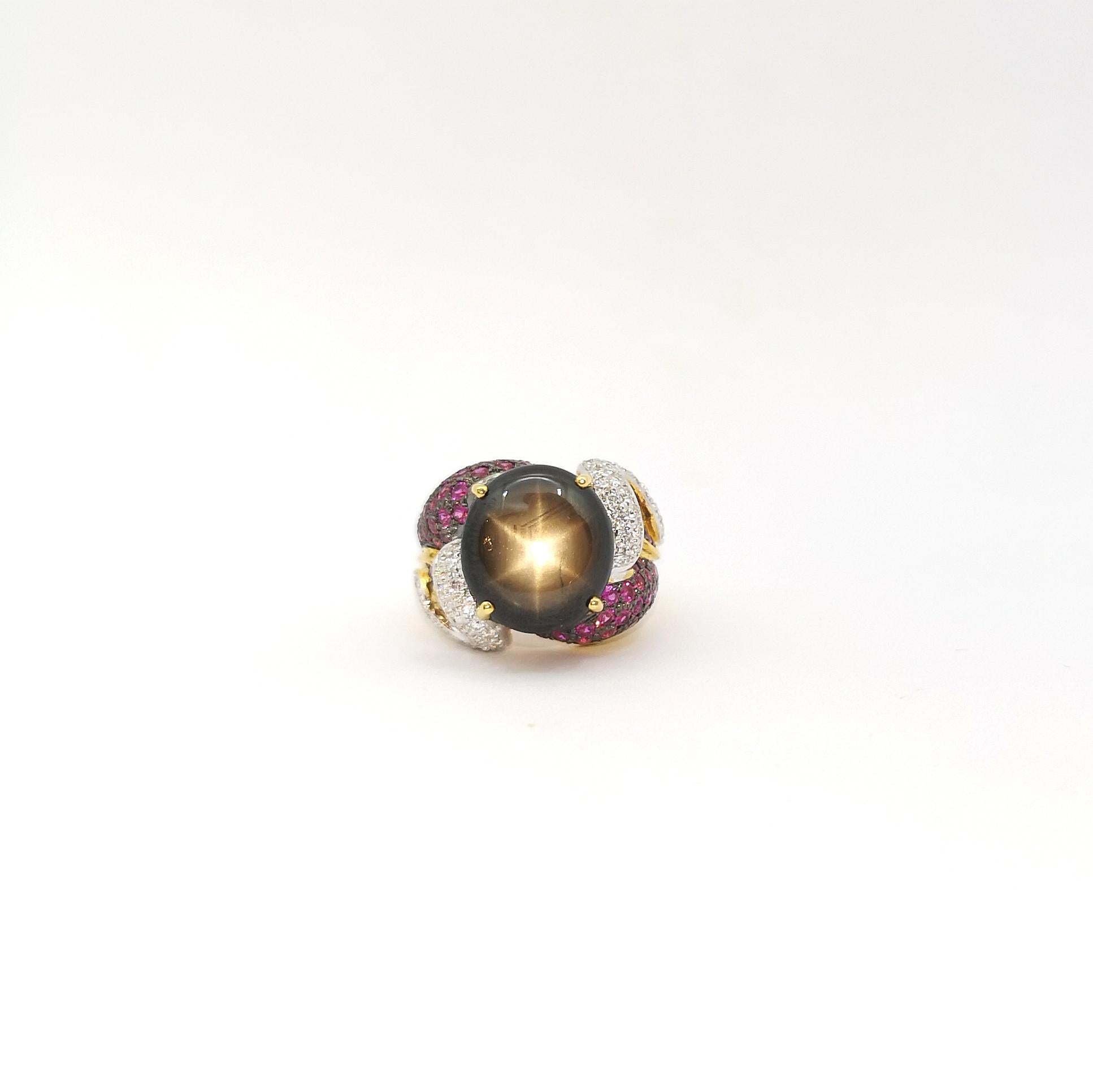 Black Star Sapphire with Pink Sapphire and Diamond Ring set in 18K Gold Settings For Sale 2
