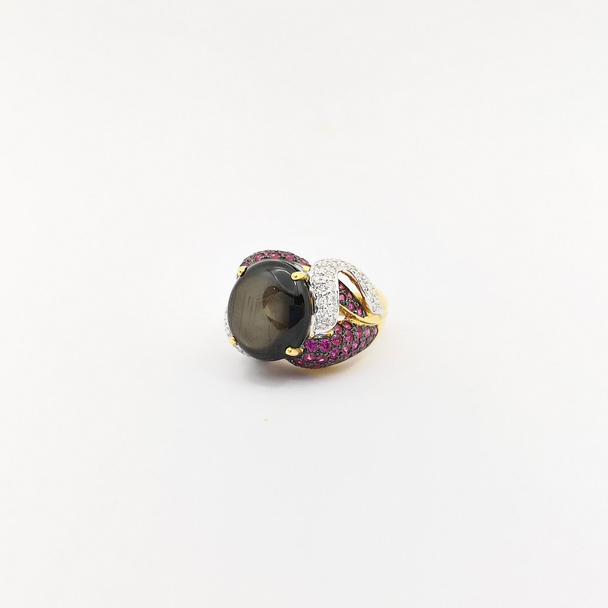 Black Star Sapphire with Pink Sapphire and Diamond Ring set in 18K Gold Settings For Sale 3