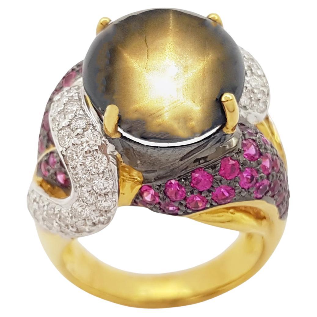 Black Star Sapphire with Pink Sapphire and Diamond Ring set in 18K Gold Settings
