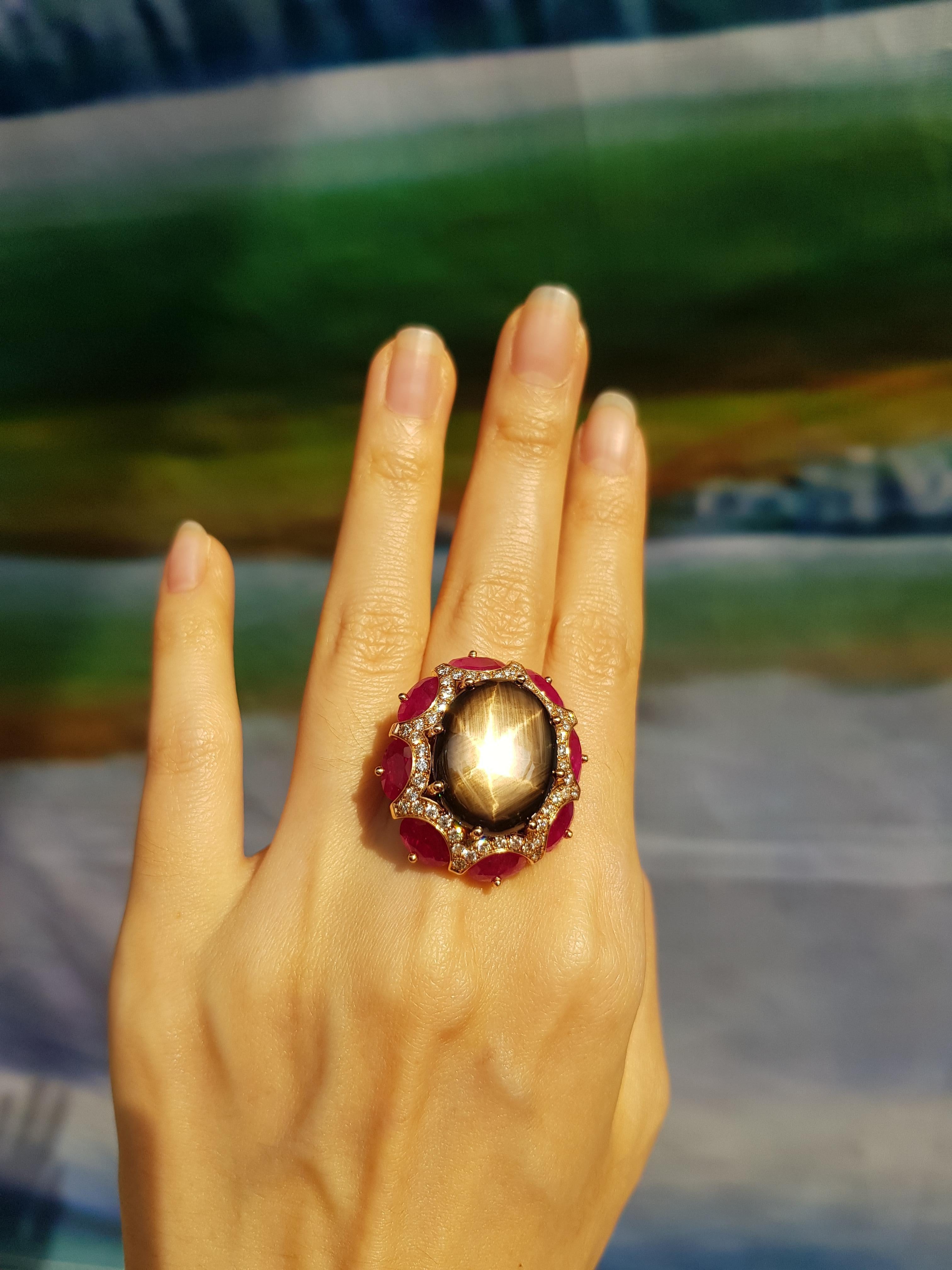 Black Star Sapphire 29.64 carats, Ruby 9.37 crats with Brown Diamond 0.89 carat Ring set in 18 Karat Rose Gold Settings 

Width: 3.5 cm
Length: 4.0 cm 
Ring Size: 54

