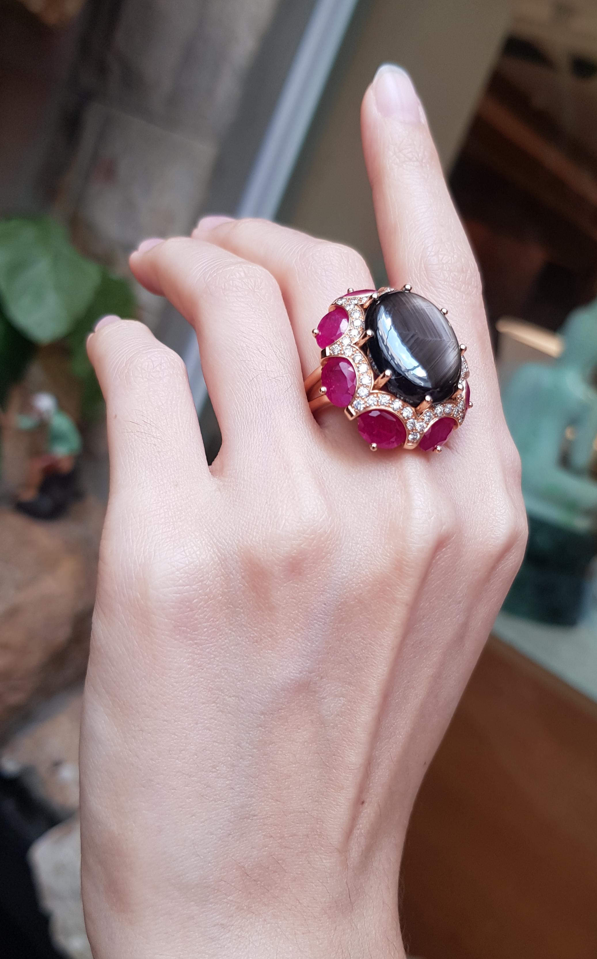 Cabochon Black Star Sapphire with Ruby and Brown Diamond Ring Set in 18 Karat Rose Gold For Sale