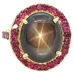 Ring mit schwarzem Sternsaphir und Rubin in 18 Karat Gold gefasst 