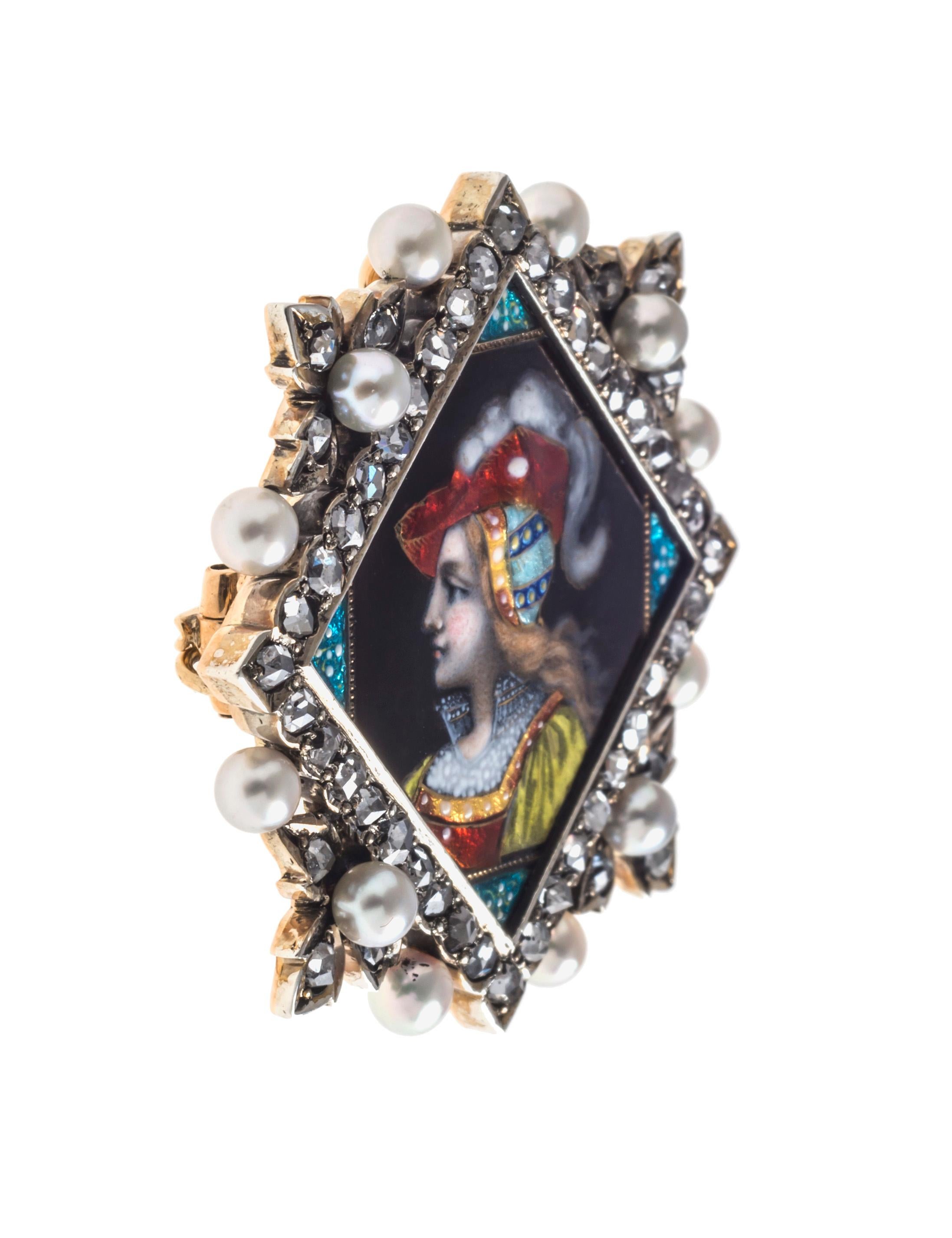 Beautiful polychrome enamel painting of a lady with blonde hair and a red hat with a feather. She is wearing a renaissance costume with a lace collar. The square enamelled plaque is set in a silver frame covered with old cut diamonds and mounted on