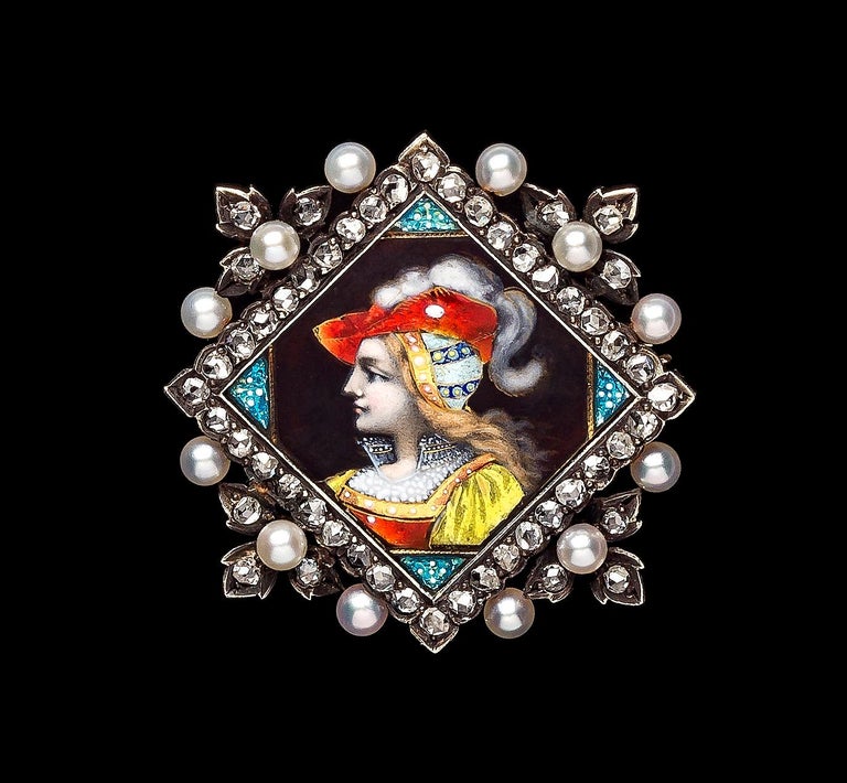 Black Starr and Frost Antique Diamond Pearl Enamel Gold Pendant Brooch 1890 USA In Excellent Condition For Sale In Munich, Bavaria