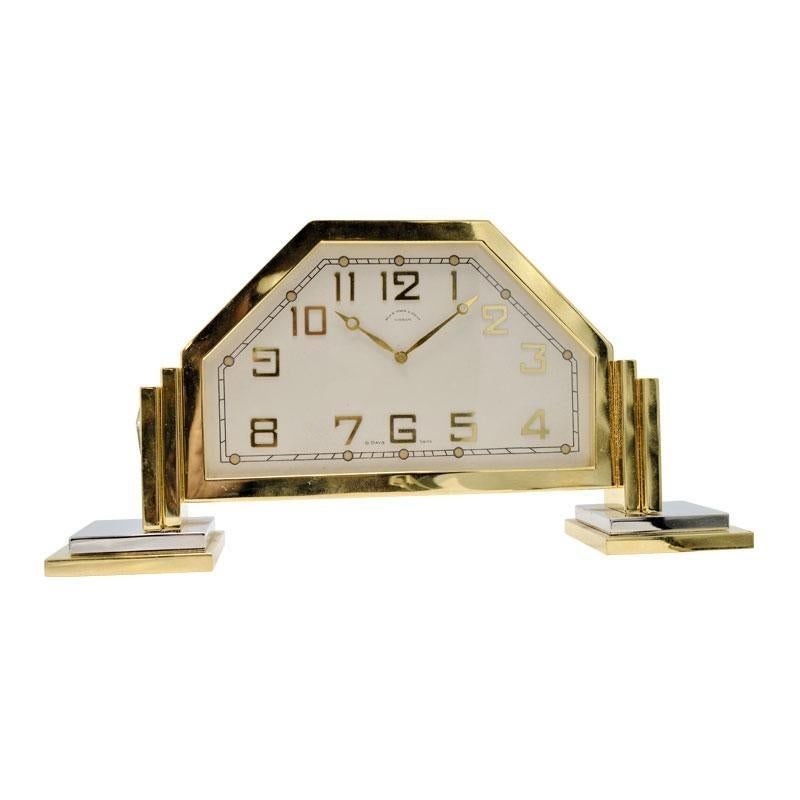 Swiss Black Starr and Frost Art Deco Footed Desk Clock Gilt and Nickel Finish, 1930s For Sale