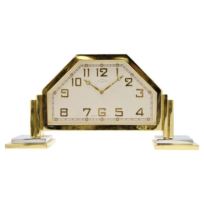 Black Starr and Frost Art Deco Footed Desk Clock Gilt and Nickel Finish, 1930s