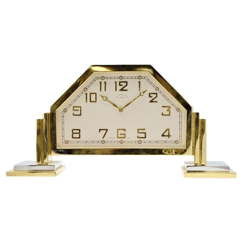 Black Starr and Frost Art Deco Footed Desk Clock Gilt and Nickel Finish, 1930s For Sale