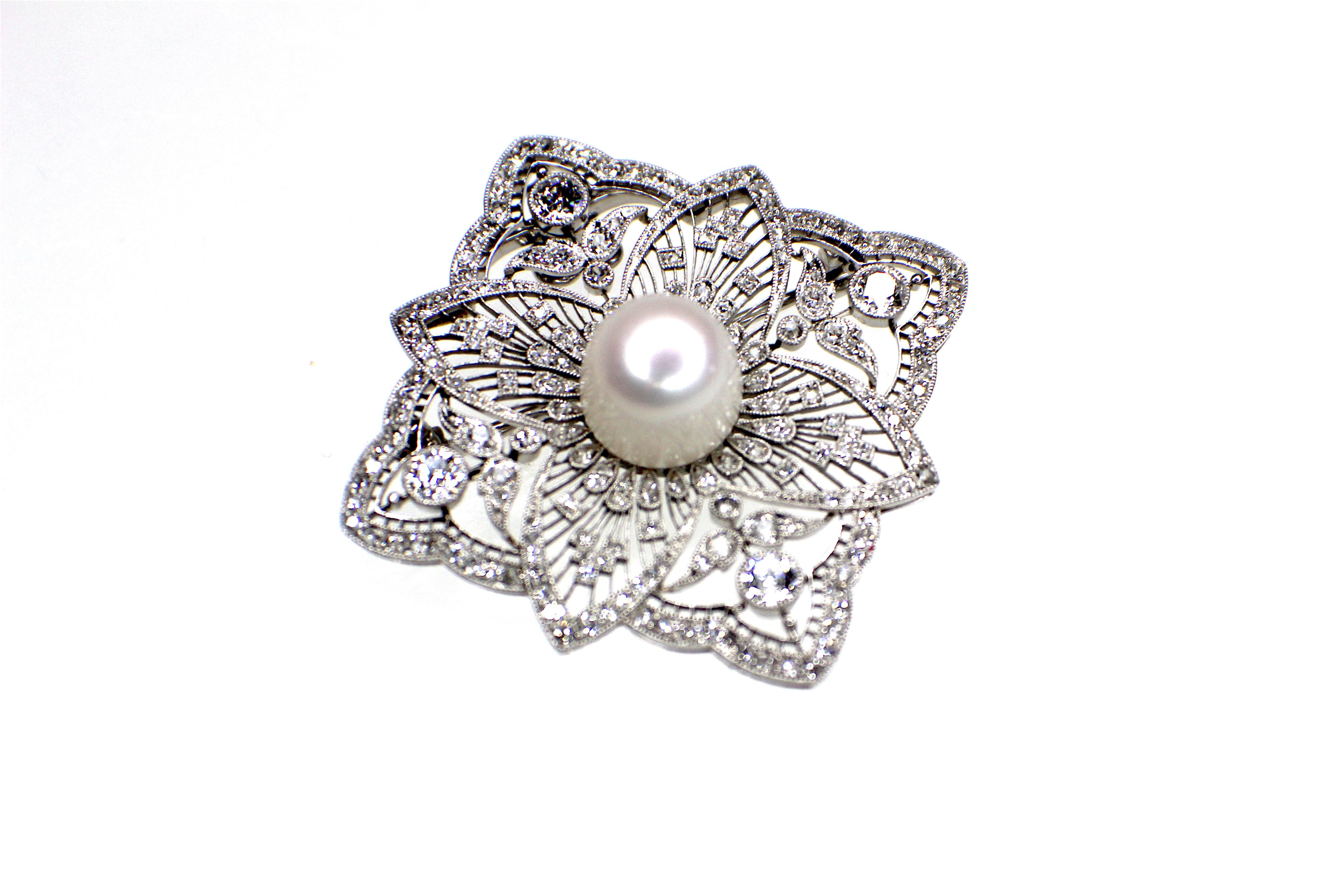 Round Cut Black Starr and Frost, Belle Époque Natural Freshwater Pearl and Diamond Brooch