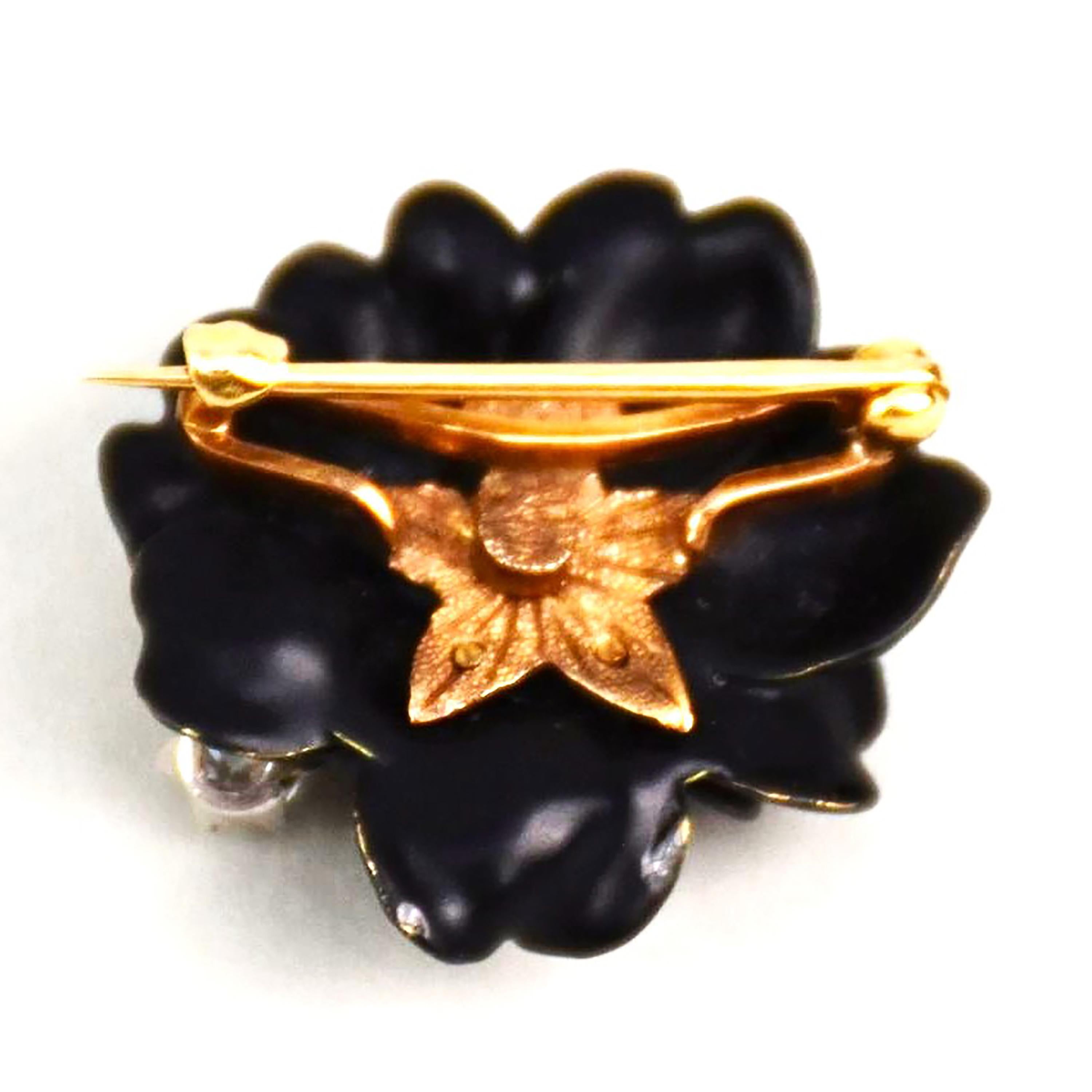 Contemporain Broche Black Starr & Frost Or jaune Émail noir Diamant 0.20 Carat 1.3 Inch