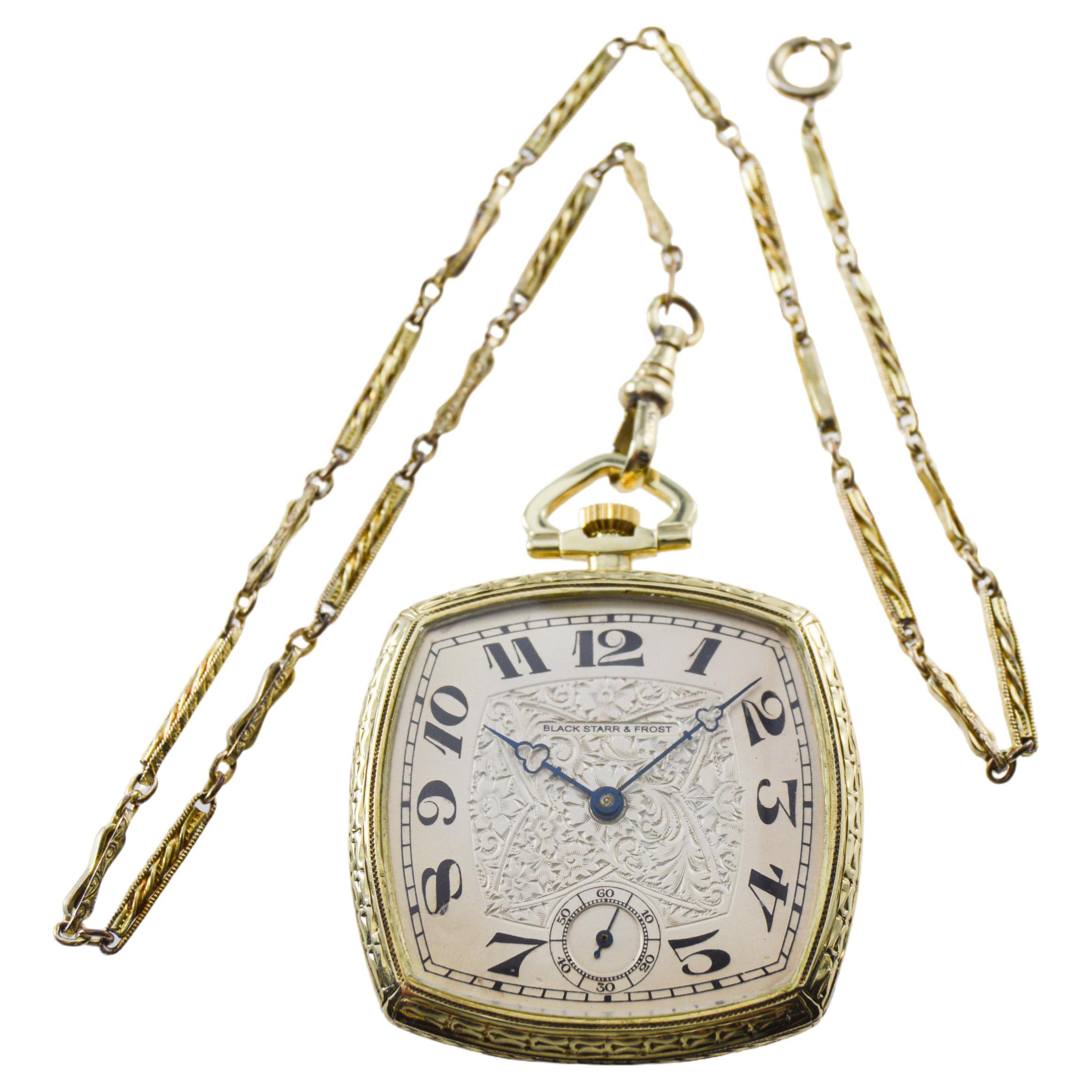 FACTORY / HOUSE: Black Starr & Frost by Paul Valletti
STYLE / REFERENCE: Cushion Shaped Open Face / Pocket Watch
METAL / MATERIAL: 14kt Solid Yellow Gold
CIRCA: 1920's
DIMENSIONS: Diameter 41mm
MOVEMENT / CALIBER: Manual Winding / 17 Jewels / High