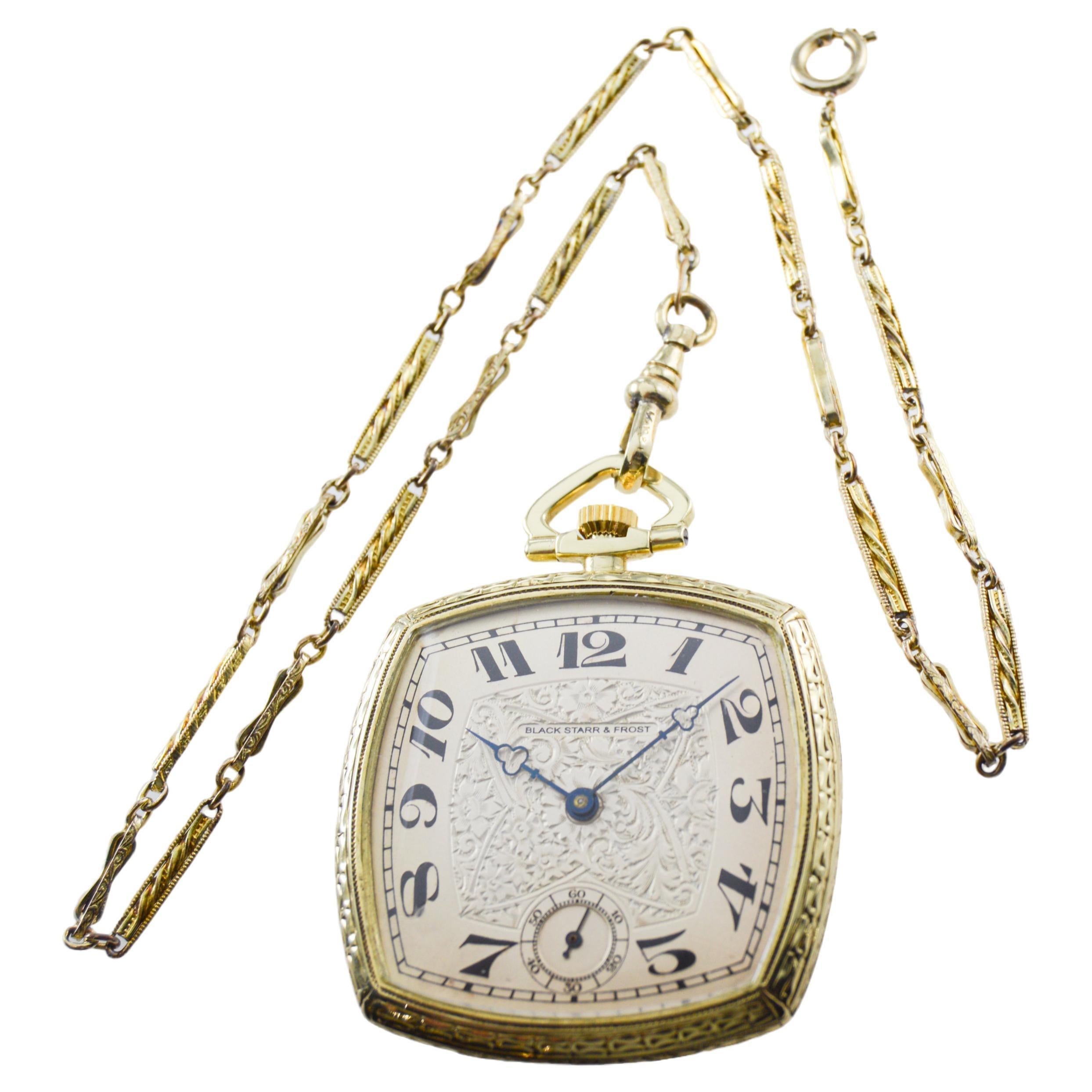 Black Starr & Frost 14 Karat Gold Art Deco Pocket Watch with Engraved Dial  In Excellent Condition For Sale In Long Beach, CA
