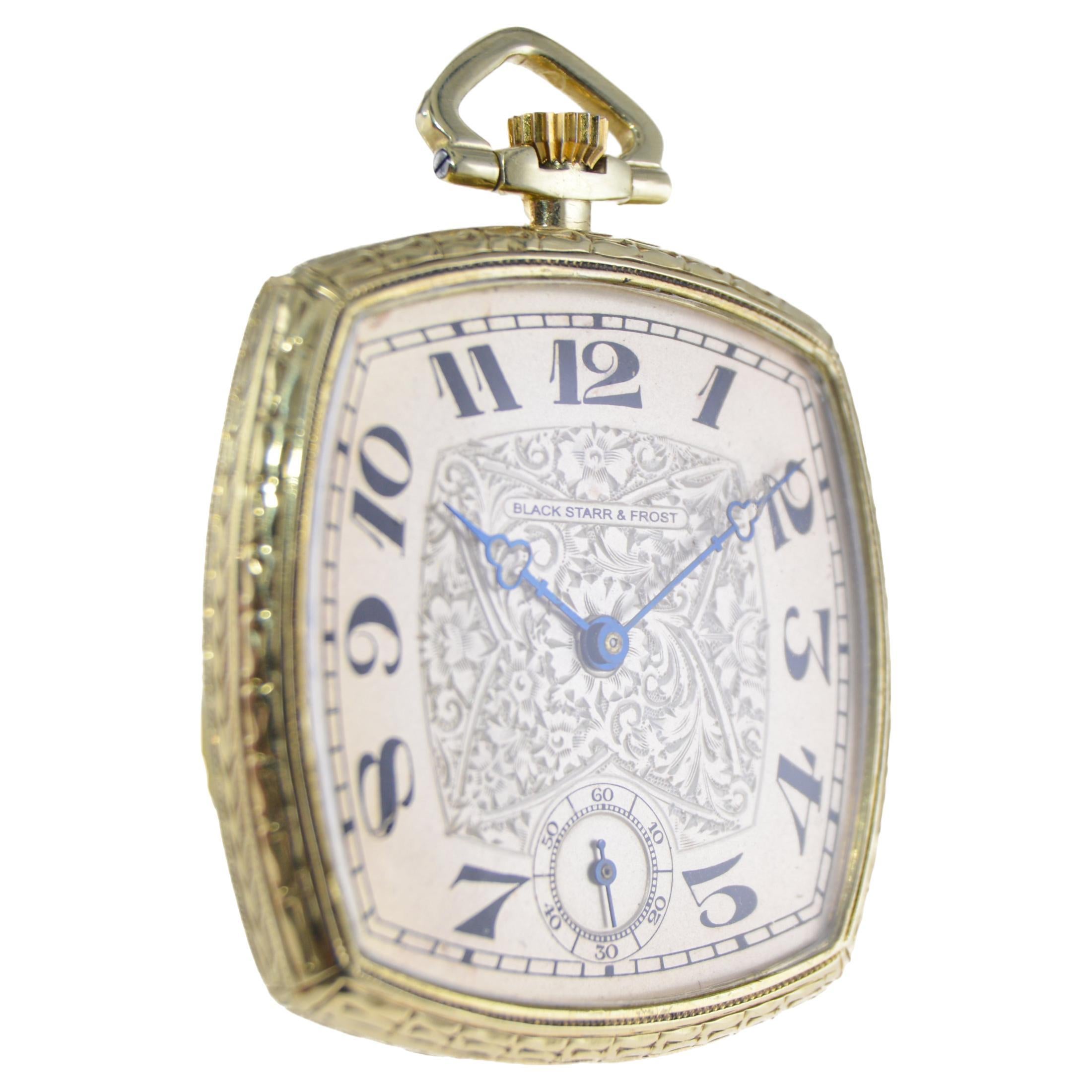 Women's or Men's Black Starr & Frost 14 Karat Gold Art Deco Pocket Watch with Engraved Dial  For Sale