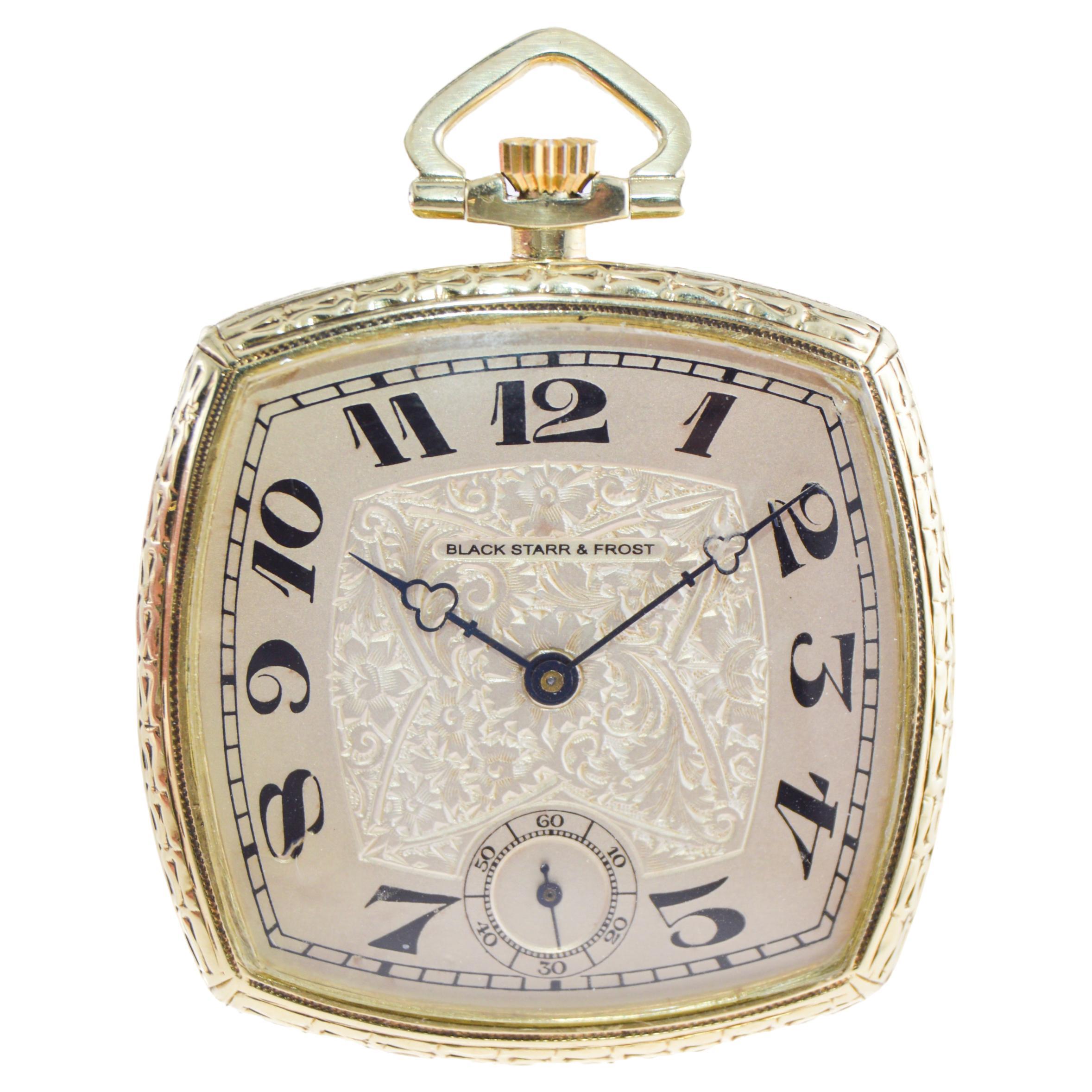 Black Starr & Frost 14 Karat Gold Art Deco Pocket Watch with Engraved Dial  For Sale 1