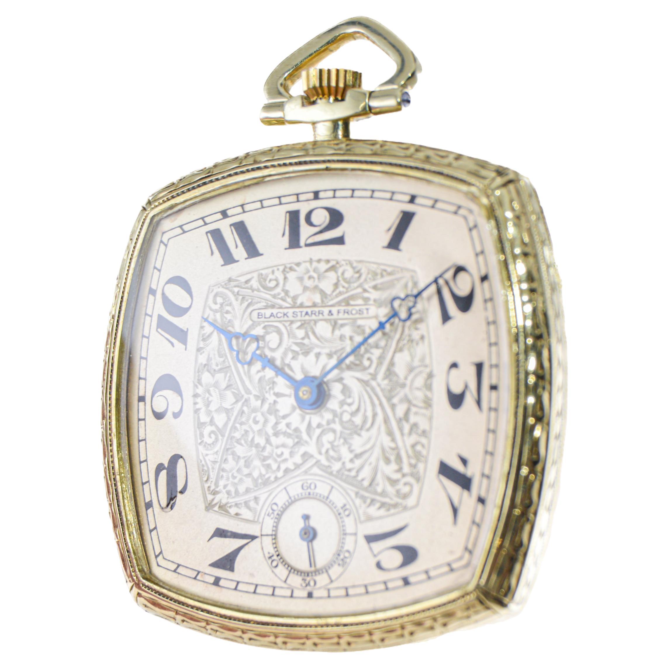 Black Starr & Frost 14 Karat Gold Art Deco Pocket Watch with Engraved Dial  For Sale 2