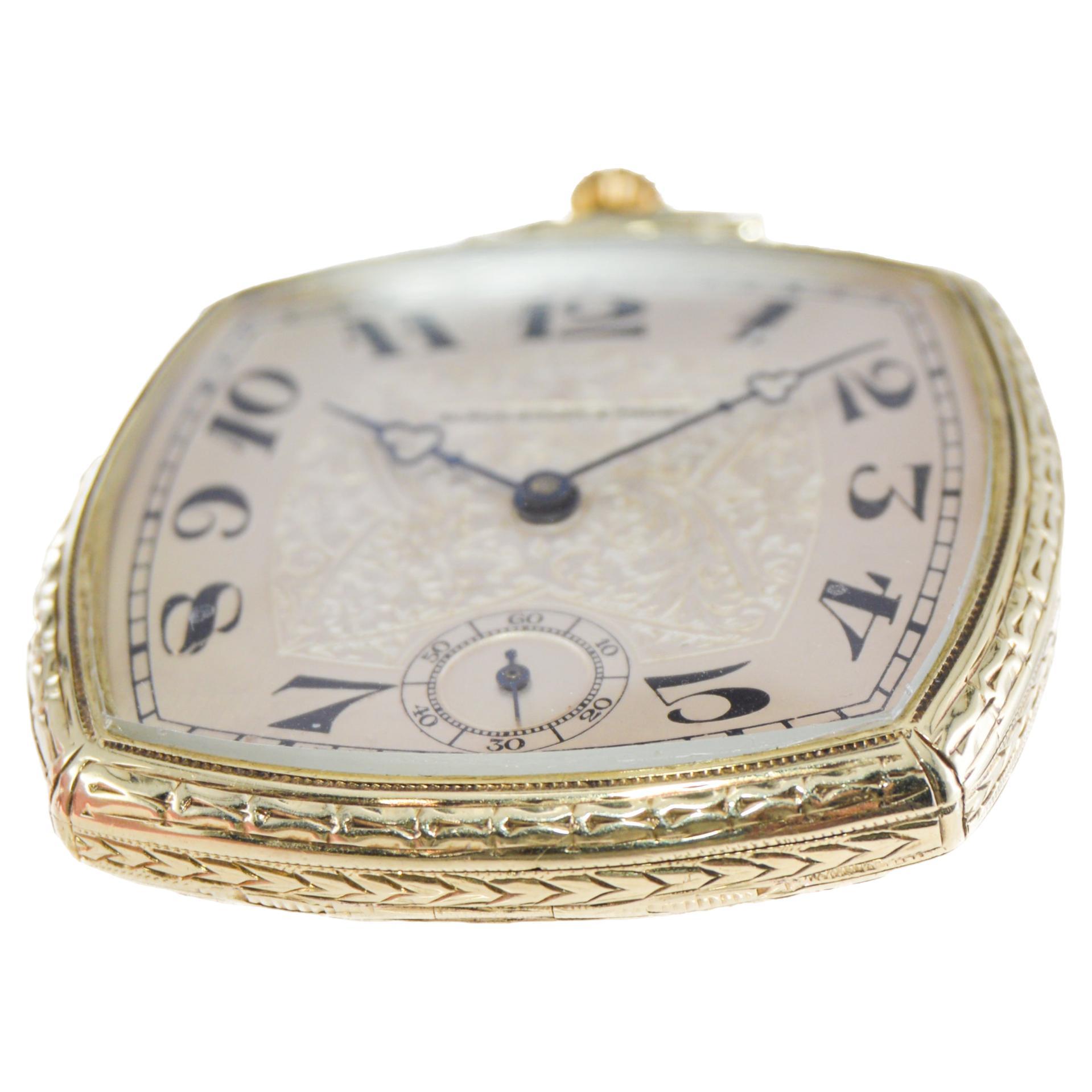 Black Starr & Frost 14 Karat Gold Art Deco Pocket Watch with Engraved Dial  For Sale 5
