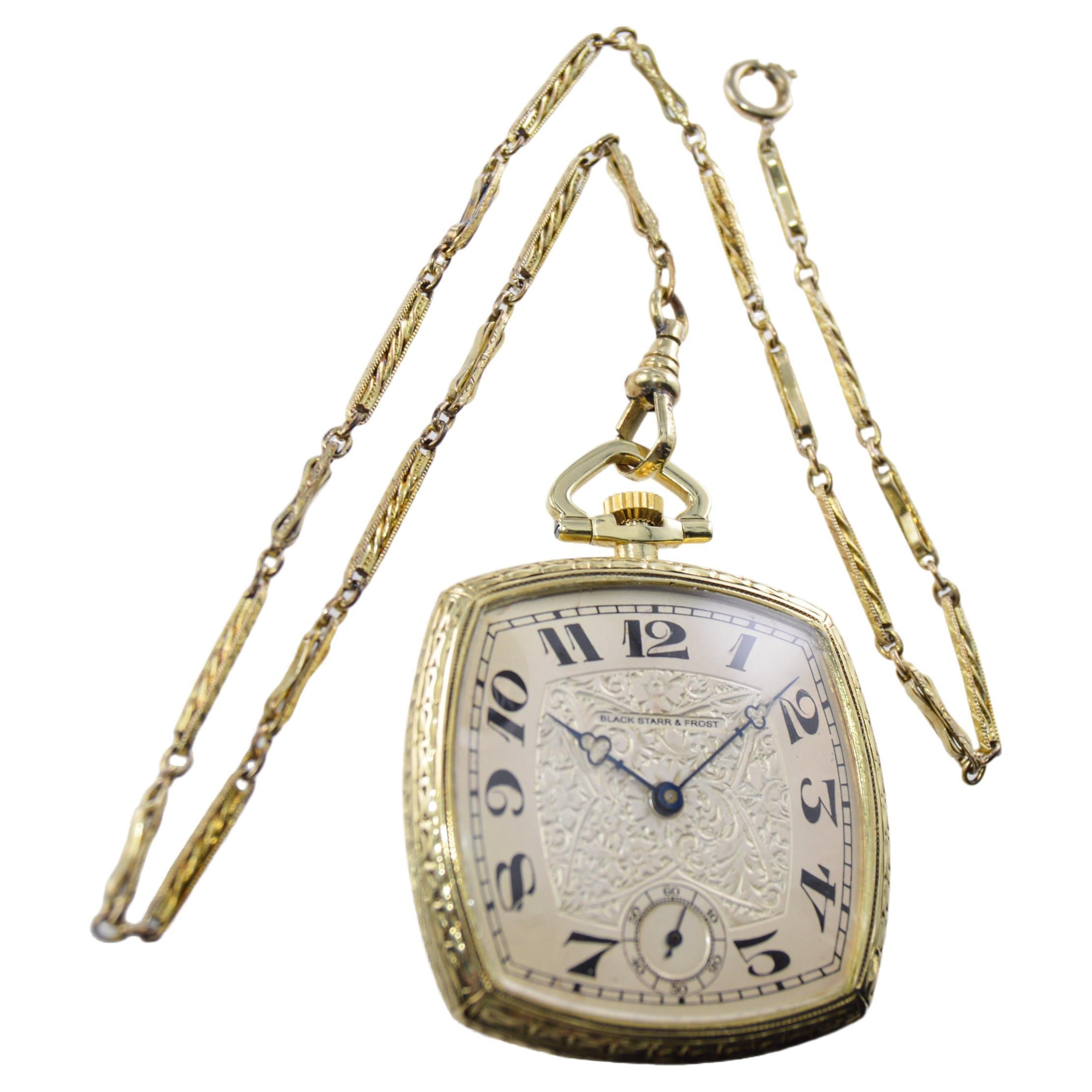 Black Starr & Frost 14 Karat Gold Art Deco Pocket Watch with Engraved Dial  For Sale