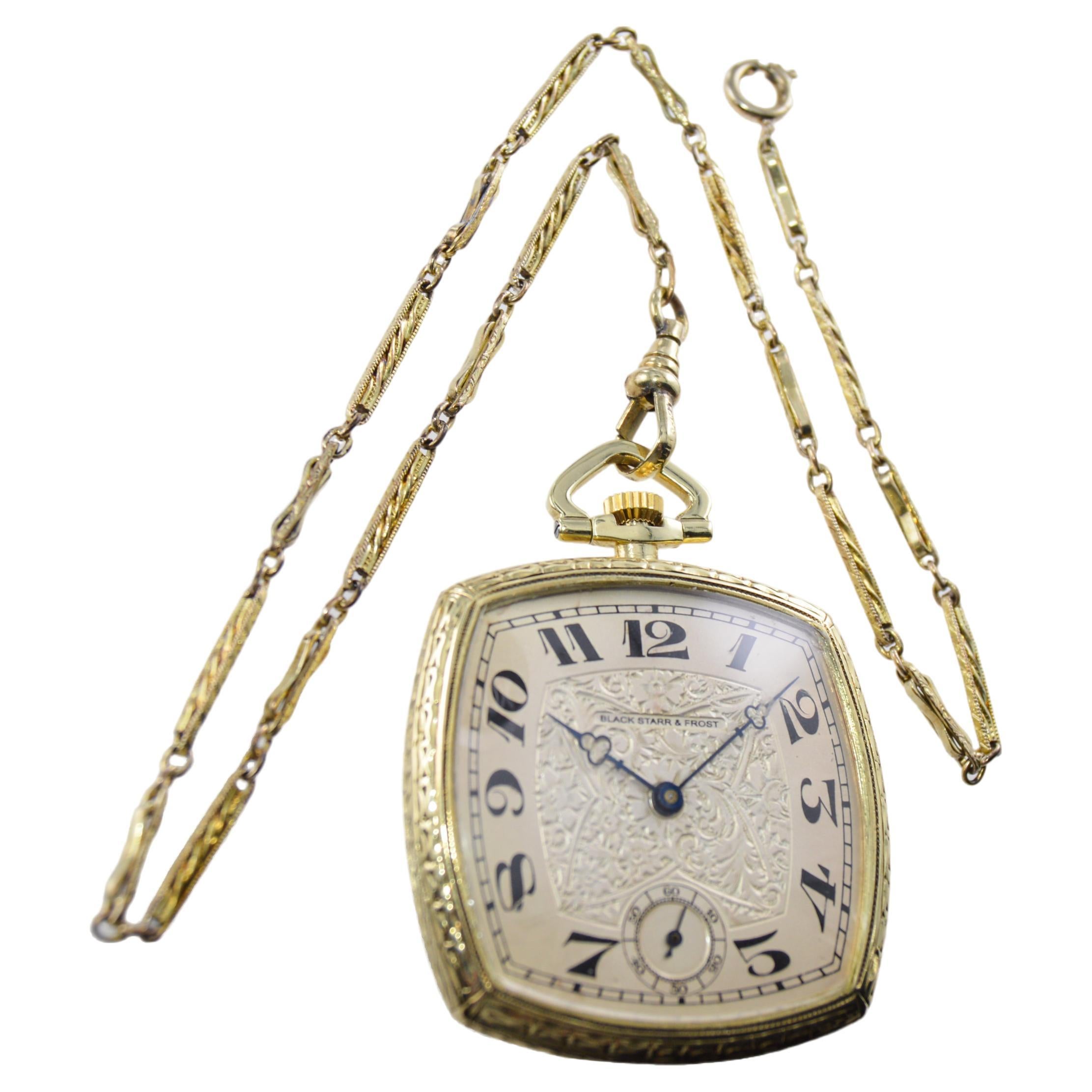 Schwarze Starr & Frost 14 Karat Gold Art Deco Taschenuhr mit graviertem Zifferblatt  im Angebot