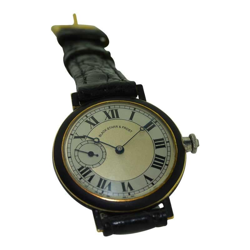 Black Starr & Frost 18 Karat Gold and Matted Black Enamel Ladies Art Deco Watch 4