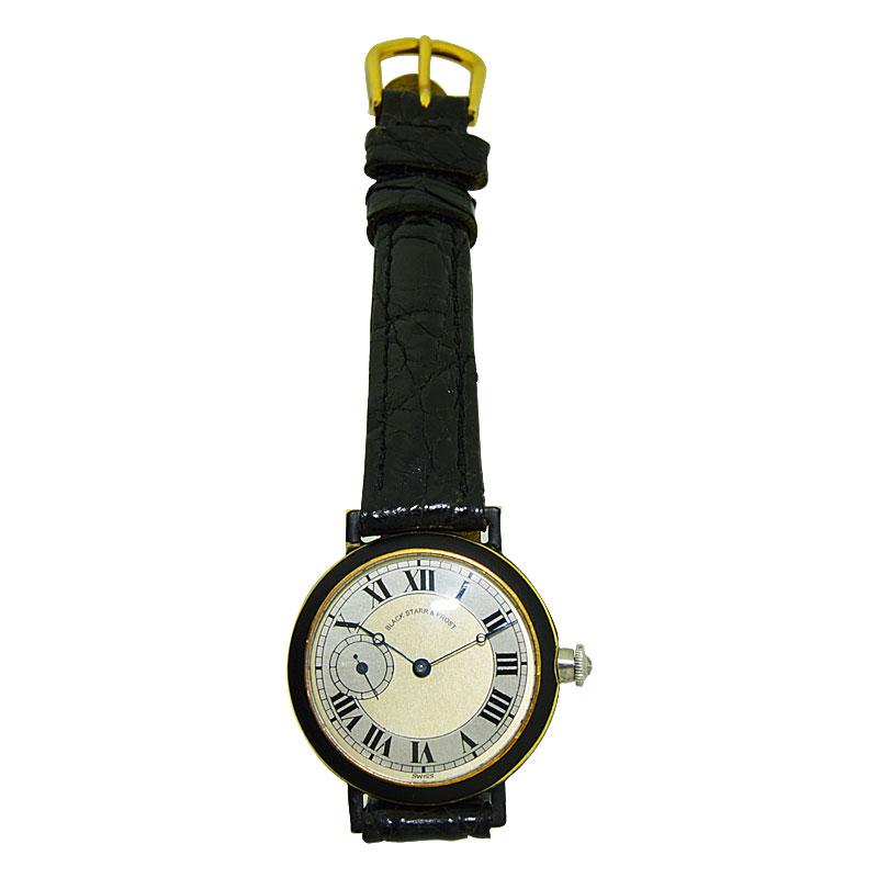 Black Starr & Frost 18 Karat Gold and Matted Black Enamel Ladies Art Deco Watch In Excellent Condition In Long Beach, CA