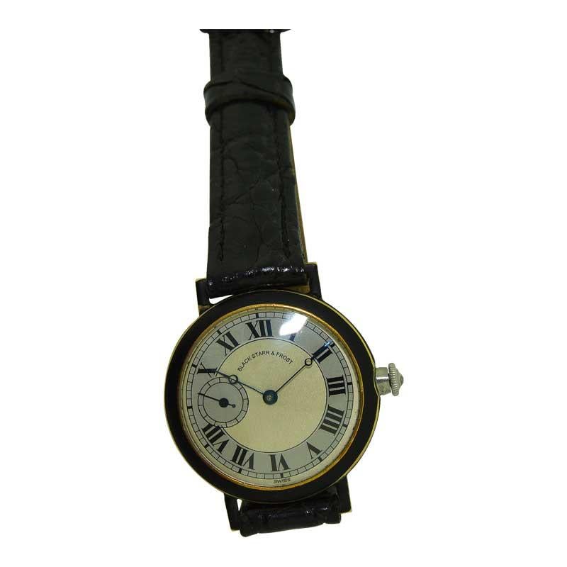 Black Starr & Frost 18 Karat Gold and Matted Black Enamel Ladies Art Deco Watch 1