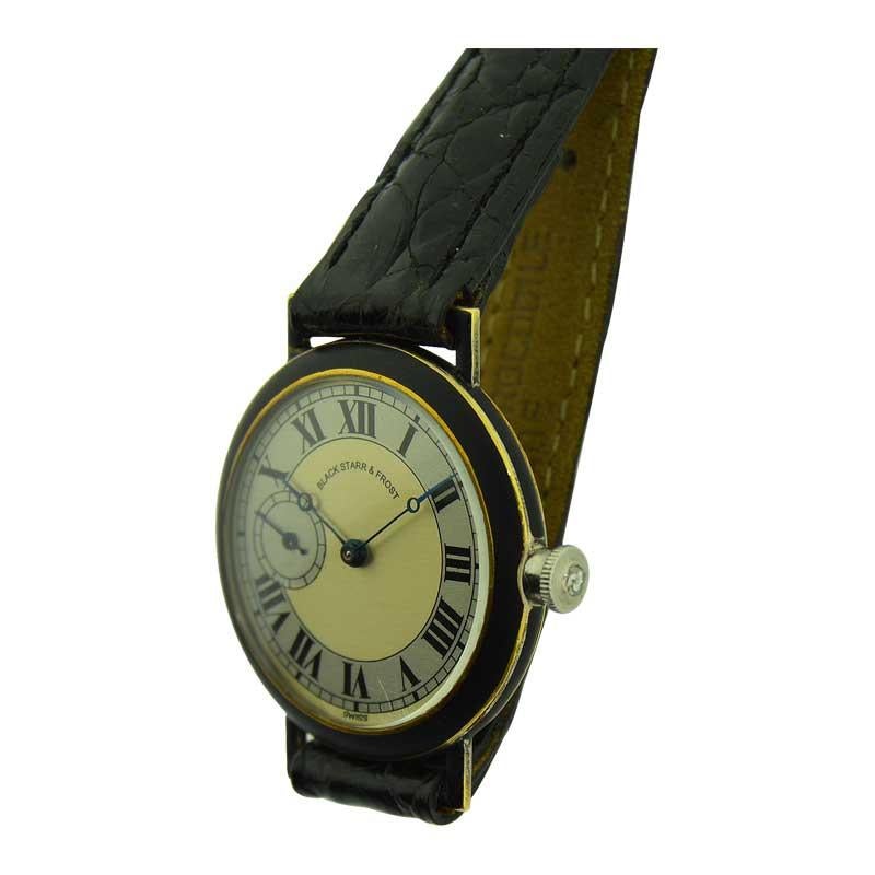 Black Starr & Frost 18 Karat Gold and Matted Black Enamel Ladies Art Deco Watch 2